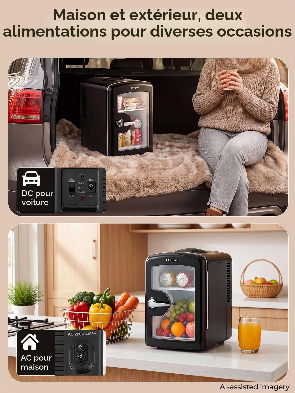 FOHERE Mini Frigo de Chambre Capacité de 4L, 6 Canettes 355ml, Réfrigérateur Voiture 12V 220V Silencieux Petit Frigo Cosmetique, Fonction Chaud/Froid, pour Domestique Voiture, Noir