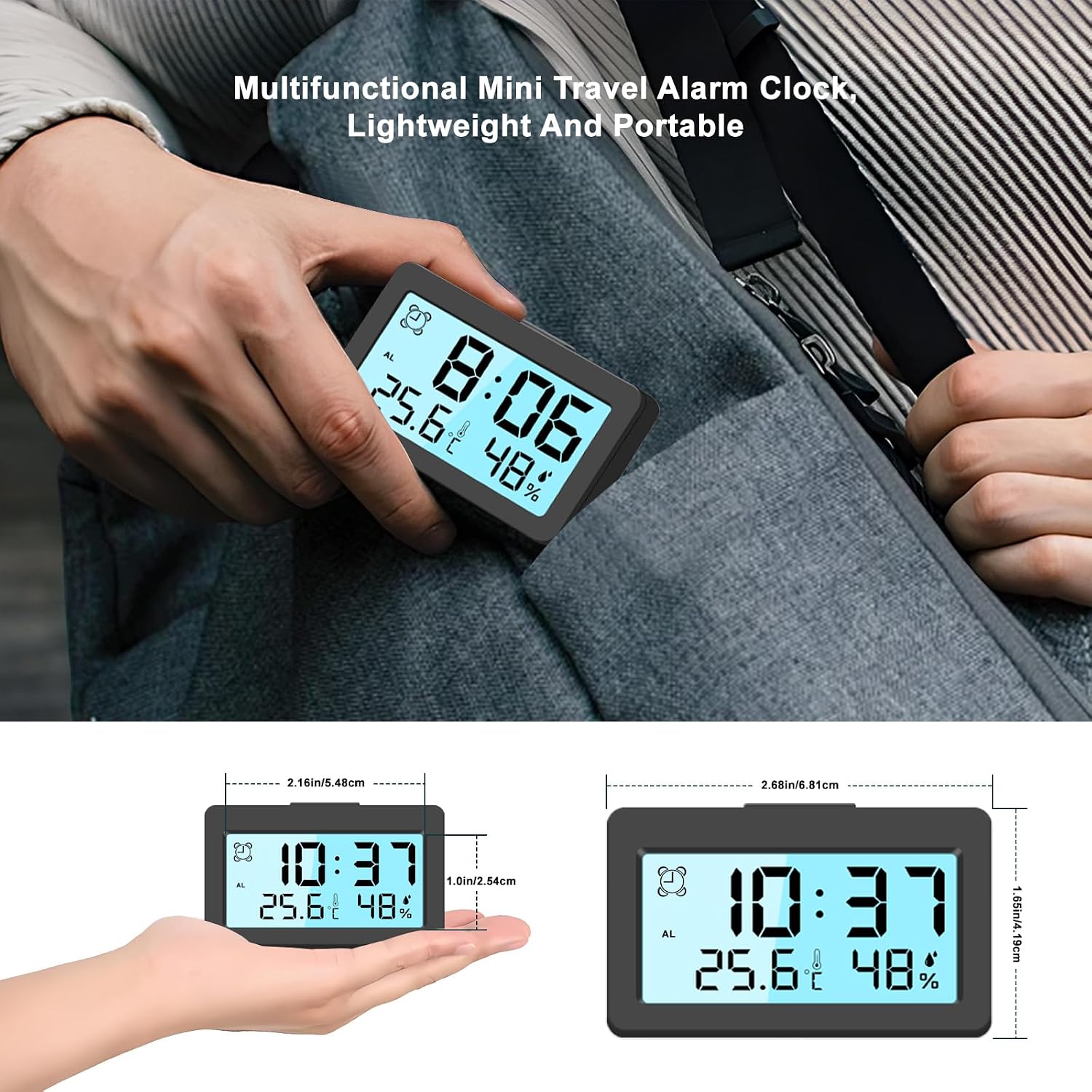 2.7" Ultra-mini Travel Alarm Clock, Portable, Small Digital Clock, Loud Alarm for Bedrooms, Battery Operated, Alarm Clock for Kids, Temperature Humidity Display, LCD, Easy to Use (1, Black) image 4