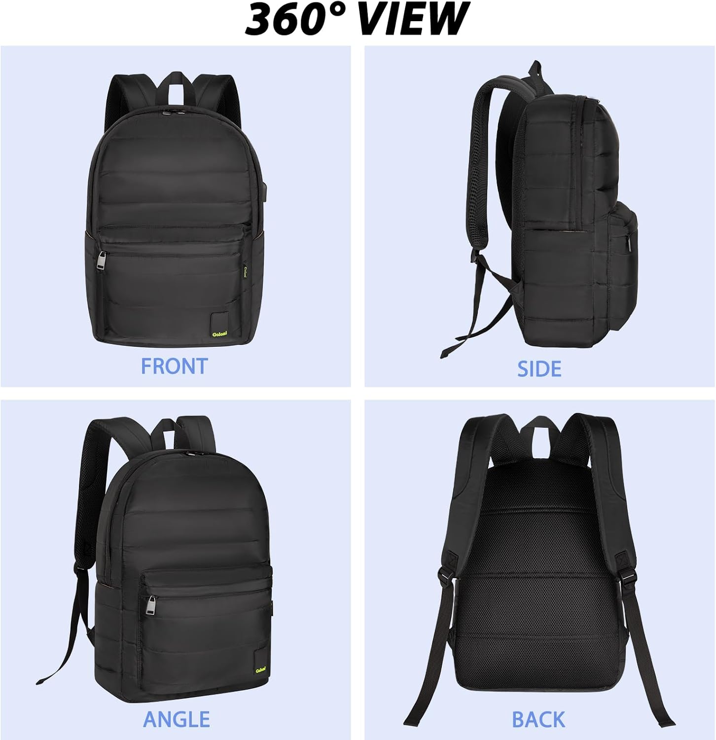 Goloni Laptop Backpack for Women,Puffy Travel Backpack with USB Charging Port,Waterproof Quilted Casual Daypack Fits 15.6 Inch Laptop,Black