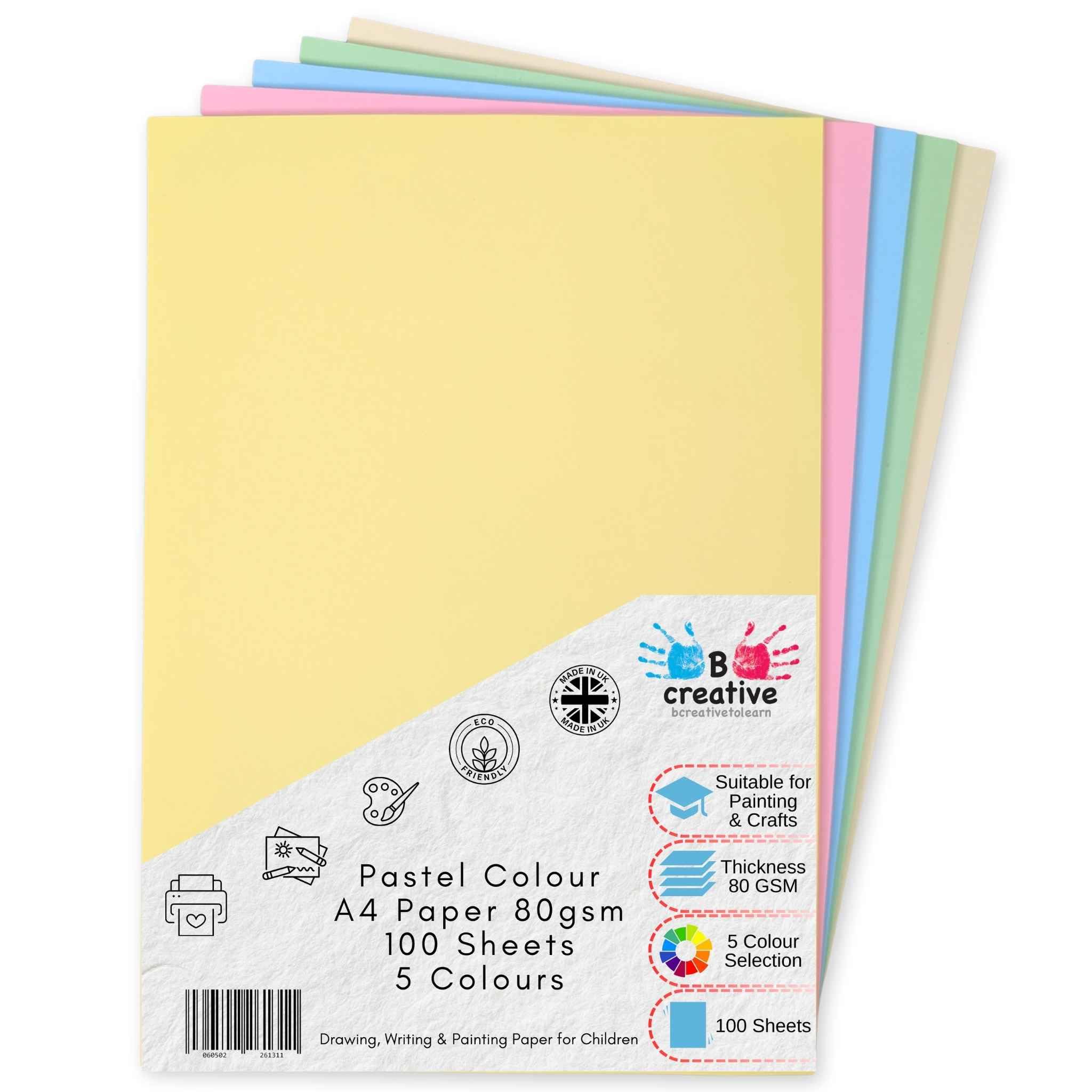 Be Creative A4 Pastel Coloured Paper Assorted Colours 80gsm 100 Sheets - 5 Pastel Shades Copier Printer Craft Paper for Home Office School