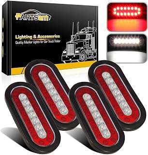 Partsam 4Pcs 6.3" Inch Oval Led Trailer Taillights Stop Brake Lights Running Red and White Backup and Reverse Lights, Sealed 6.3 inch Oval led Trailer Lights Kit Grommet Mount for RV Trucks