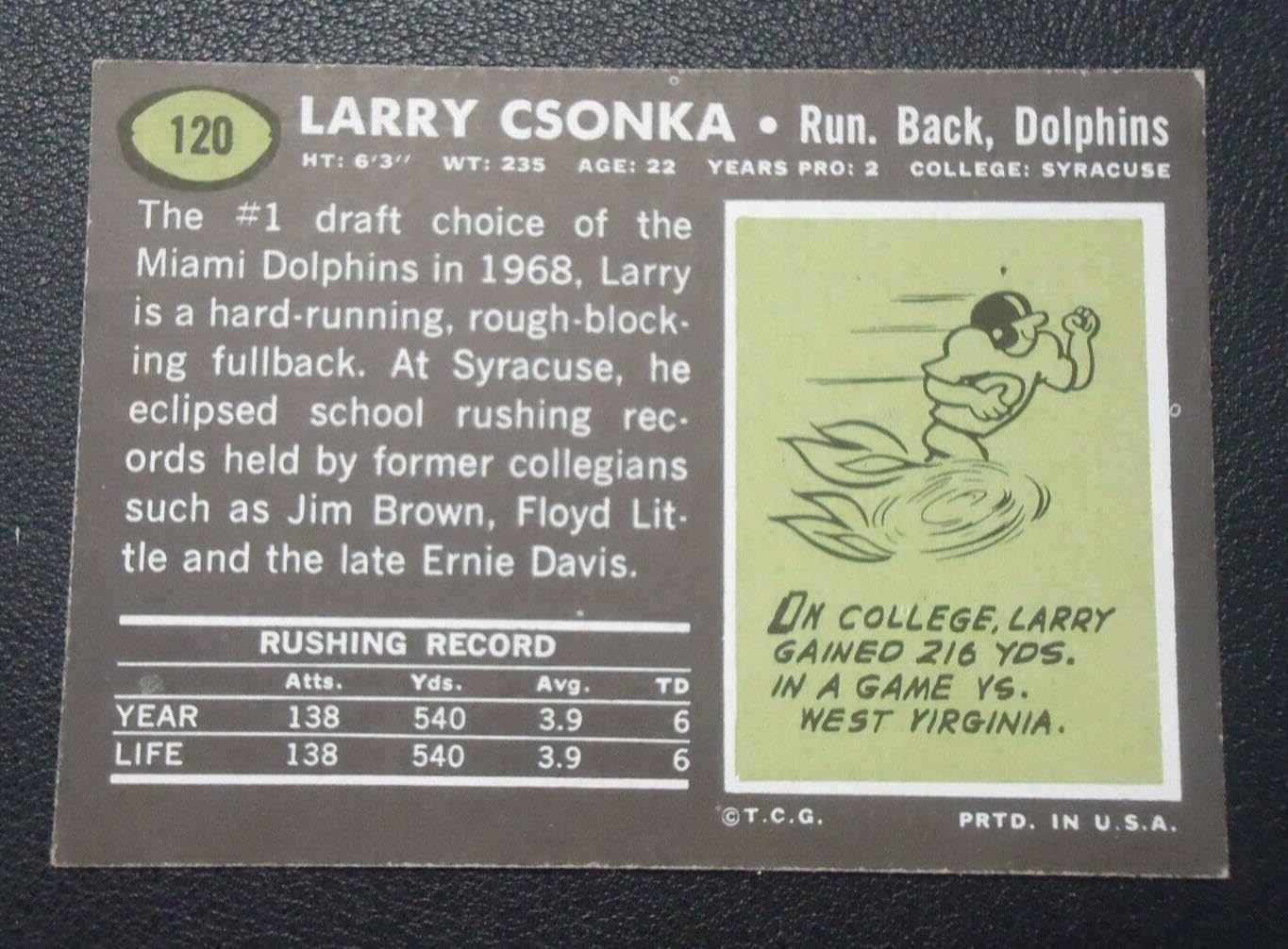 Larry Csonka 1969 TOPPS BASE CARD #120 - Unsigned Football Cards