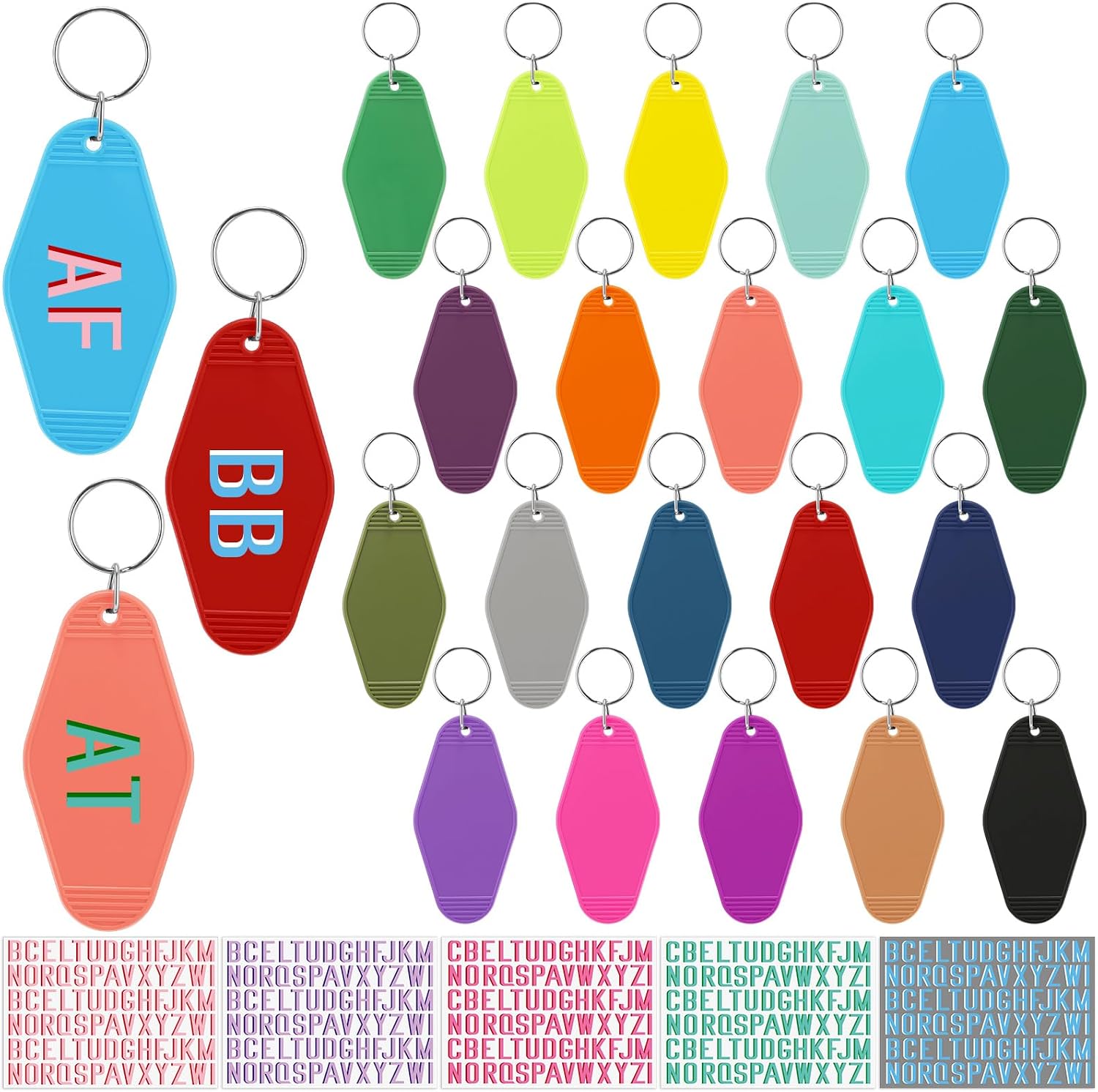 20 Pcs Hotel Keychain Blank Motel Key Chain with 5 Sheet UV Letter Stickers 20 Colors Personalized Custom Name Key Rings Rhombus Vintage Tags for DIY Keychains Crafts Ornament Luggage Tag