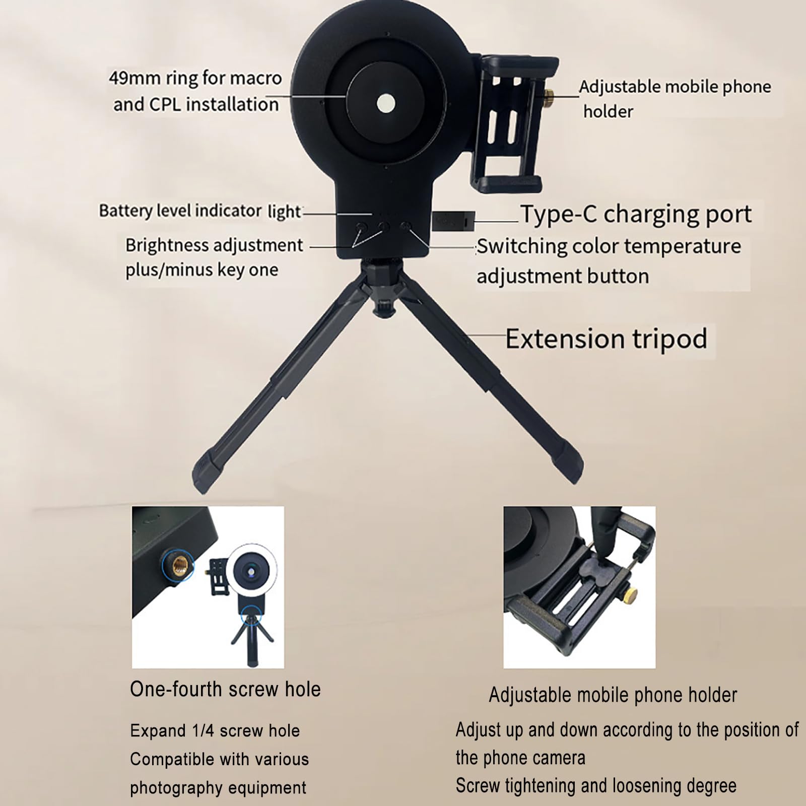 Luz LED De Relleno Bucal Para Odontología, Luz De Relleno Para Cámara De Teléfono Móvil Con Filtro De 49 Mm Y Lente Macro De 100 Mm, Temperatura De Color De 2500 K a 6000 K, Para Salón En Casa.