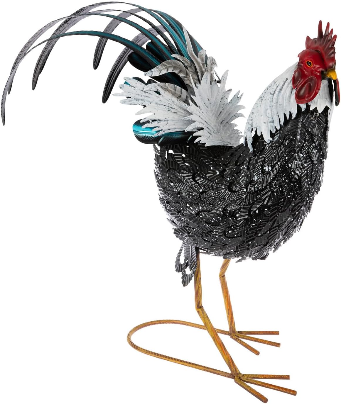 Hobby Lobby Metal Hen, Black and White Speckled Body with Red Comb and Blue Tail Feathers, 23.25" Tall, Garden