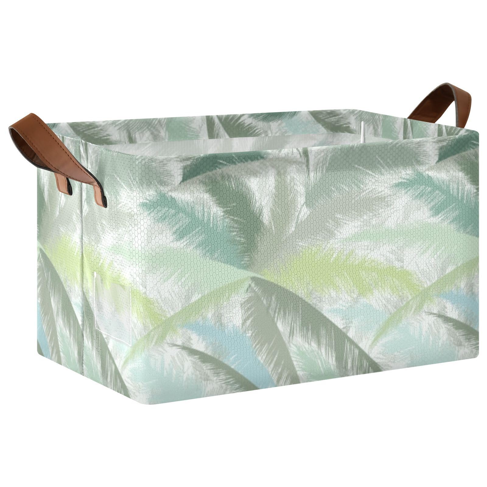 Floral Palm Tree Leaves Tropical Leaves in Grey Green Turquoise 1PC Rectangle Foldable Frame Basket Leather Handles Storage Bin for Laundry Bathroom Organizer M 16.9 x 11.4 x 10 inch