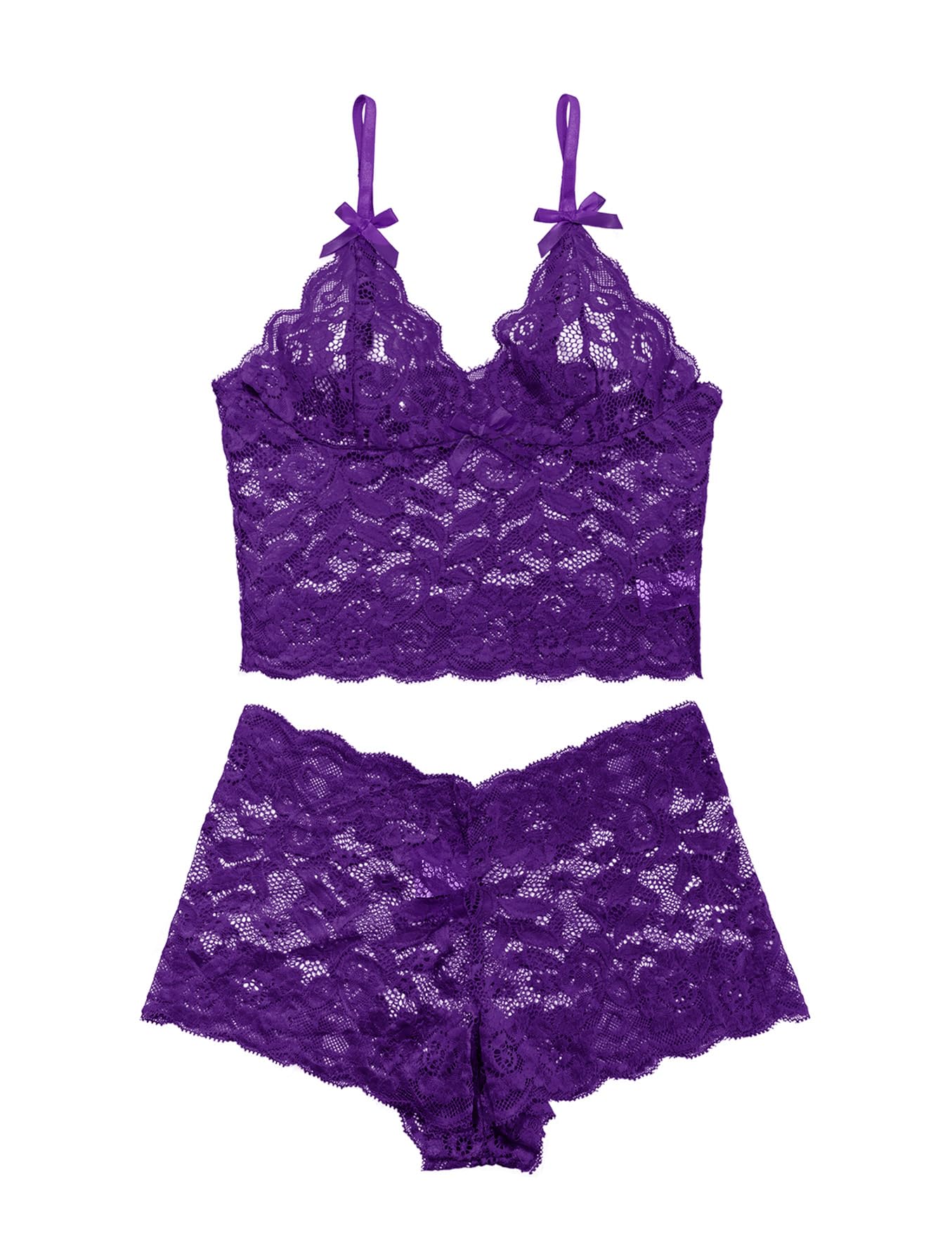 Lilosy Sexy Sheer Floral Lace Pajamas Lingerie Set High Waist Sleepwear Bra and Panty 2 Piece Nightwear: X-Large Bow Ties Purple