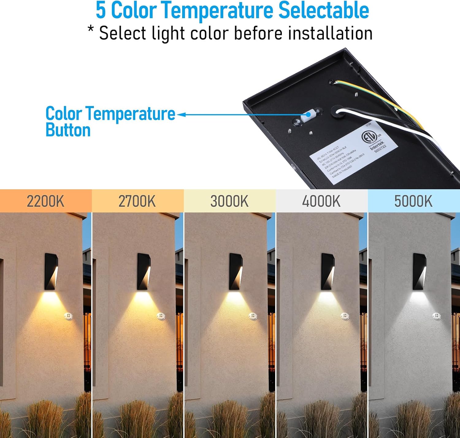 LEONLITE 5CCT Dimmable LED Modern Outdoor Wall Light, 100-277V, CRI 90+ ETL Listed IP65 Dark Sky Down Light Wall Sconce, 14 Inch 1000LM 10%-100% Dimmable Exterior Accent Down Light, Pack of 2
