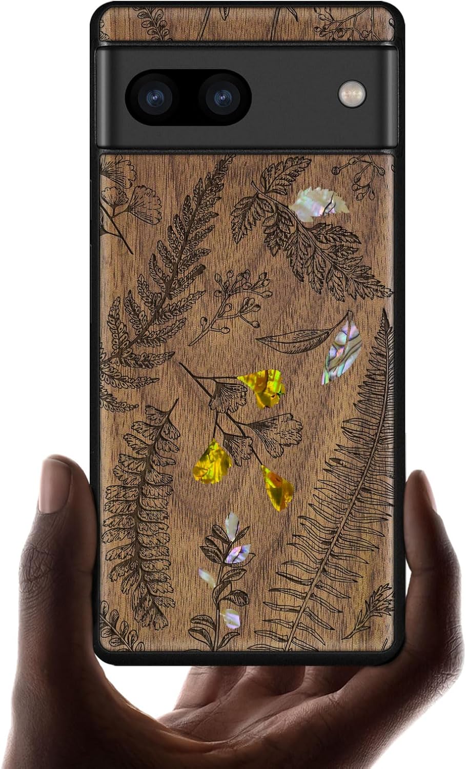 Carveit Designer Wooden Case for Google Pixel 8 Case Protective Cover [Wood Engraving & Shell Inlay] Compatible with Wireless Chargers Pixel 8 (Fern Leaves & Herbs-Walnut)