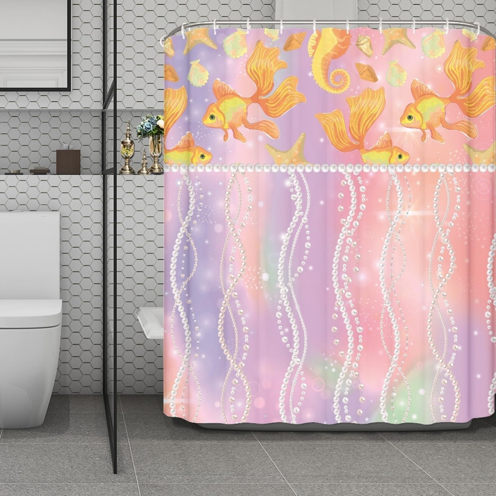 Rideau de douche poisson doré rose 180x200 idéal pour une décoration marine