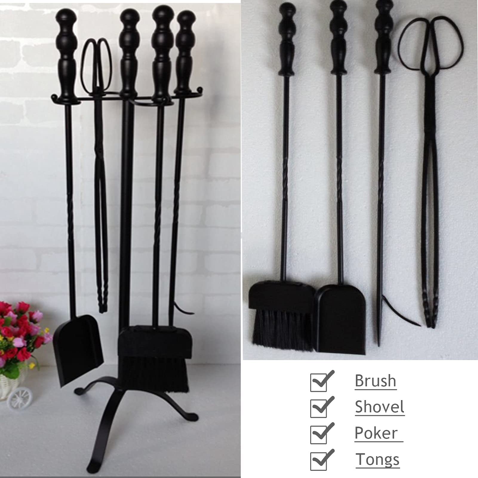 Set di 5 attrezzi per caminetto in ferro battuto resistente anticato, per uso esterno e interno, include supporto, pala e pinza, colore nero