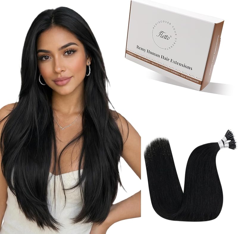 Hetto Nano Hair Extensions Real Human Hair Black 16 Inch - Natural Invisible Nano Beads Extensions, Cold Fusion Pre Bonded Nano Ring Tiny Attachment for Women Daily Wear 50 g 50 strands #1