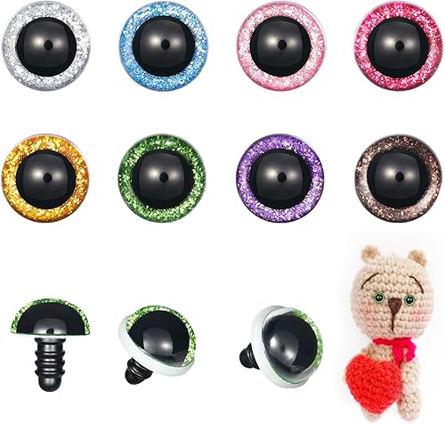 Miniatura 7 de MUCUNNIA 120 ojos de seguridad de 0.472 in para Amigurumi Ojos de seguridad de plástico con purpurina para ganchillo con arandelas, ojos de