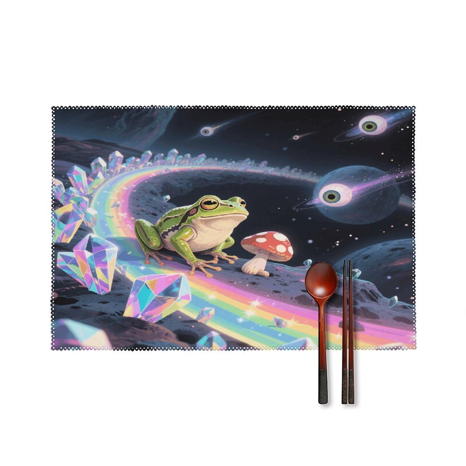Funny Space Frog Mushroom Placemats Set of 6 17.7 X 11.8 Inch Heat Resistant Canvas Place Mats Outdoor Place Mat Non-Slip Washable Rustic Table Mats for Dining Kitchen Party Placemats