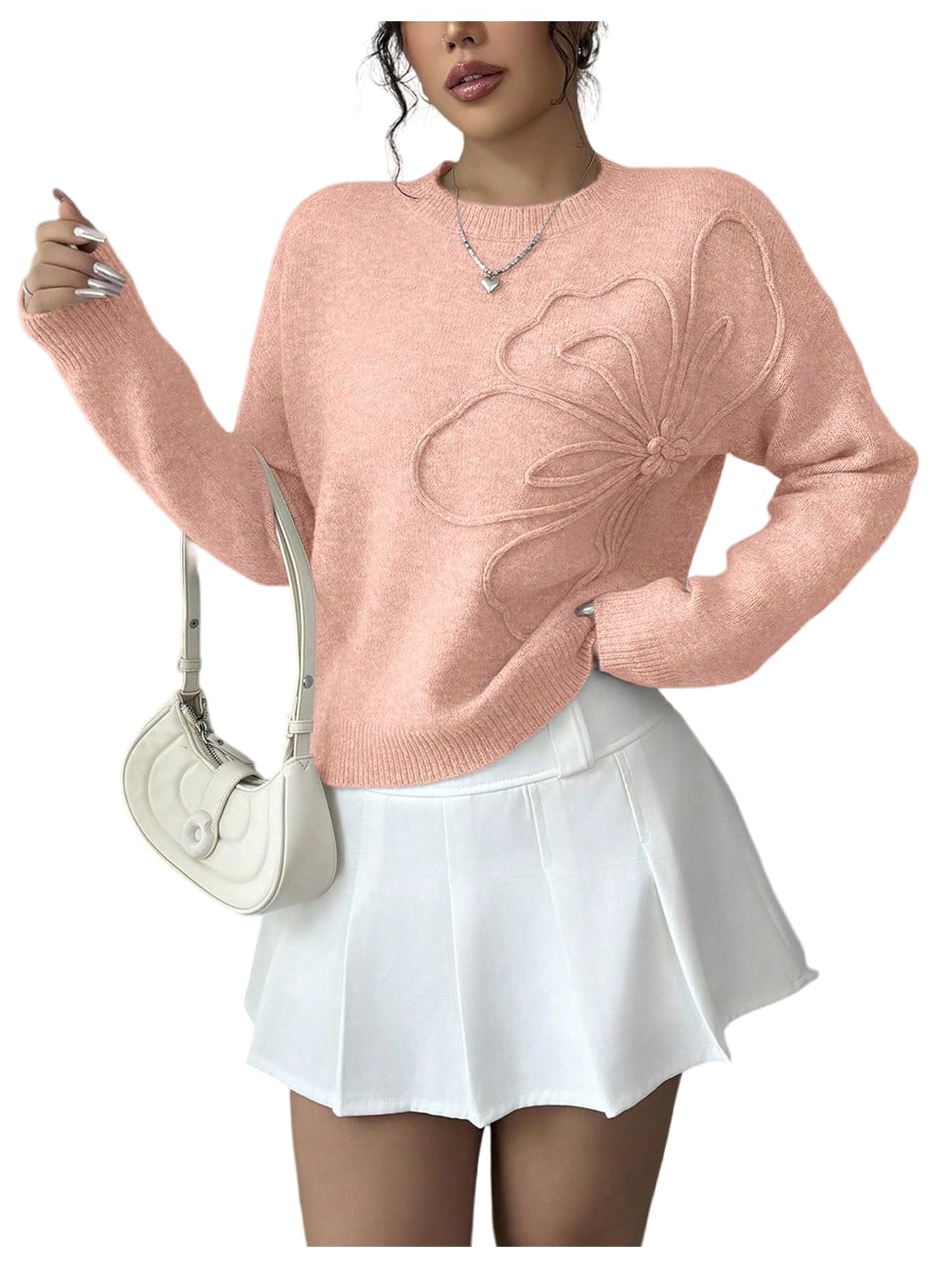 RoseSeek Women's 3D Floral Appliques Sweaters Long Sleeve Knit Tops