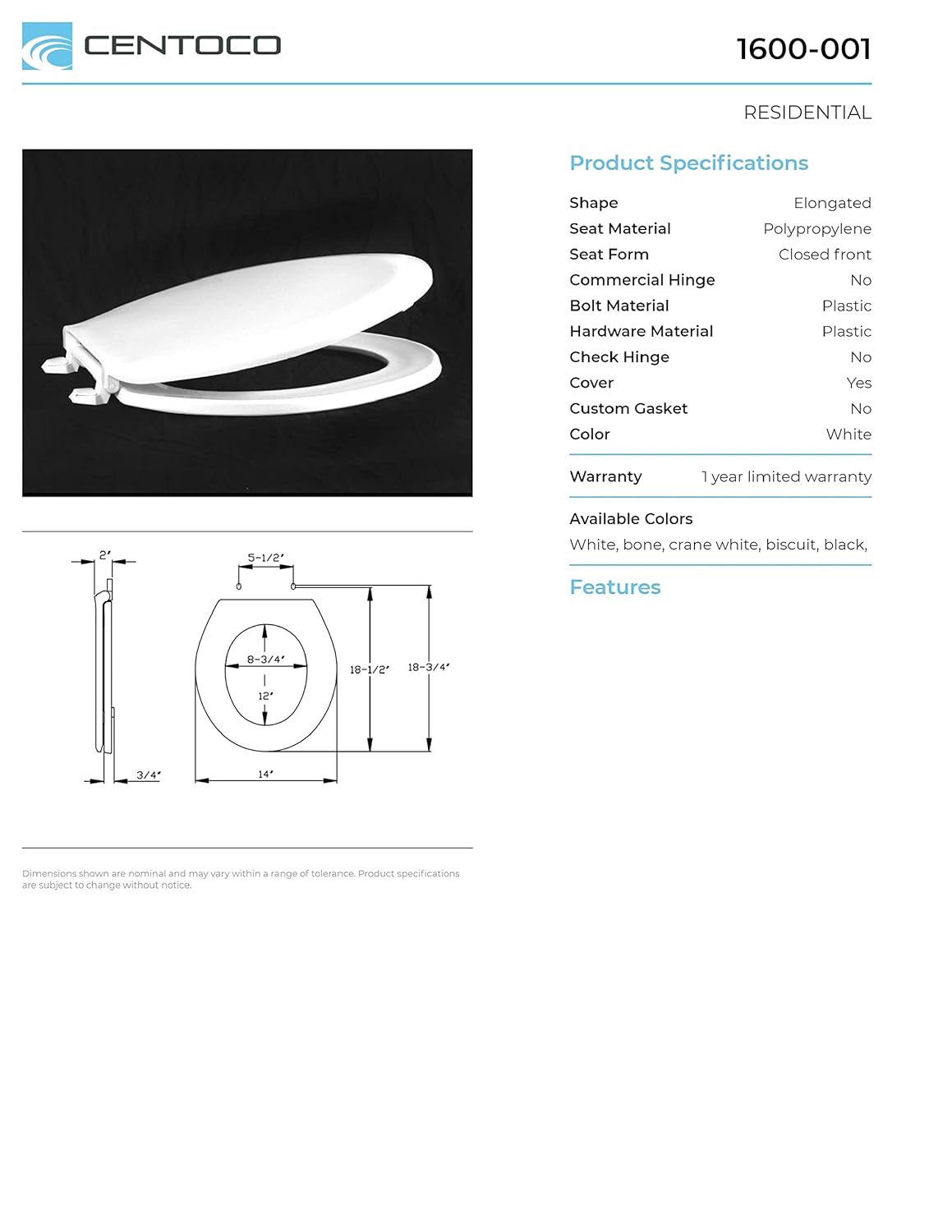 Centoco Elongated Toilet Seat, Closed Front with Cover, Residential, Plastic, Made in the USA, 1600-001, White & BEMIS 500EC 390 Toilet Seat with Easy Clean & Change Hinges, 1 Pack Round, Cotton White