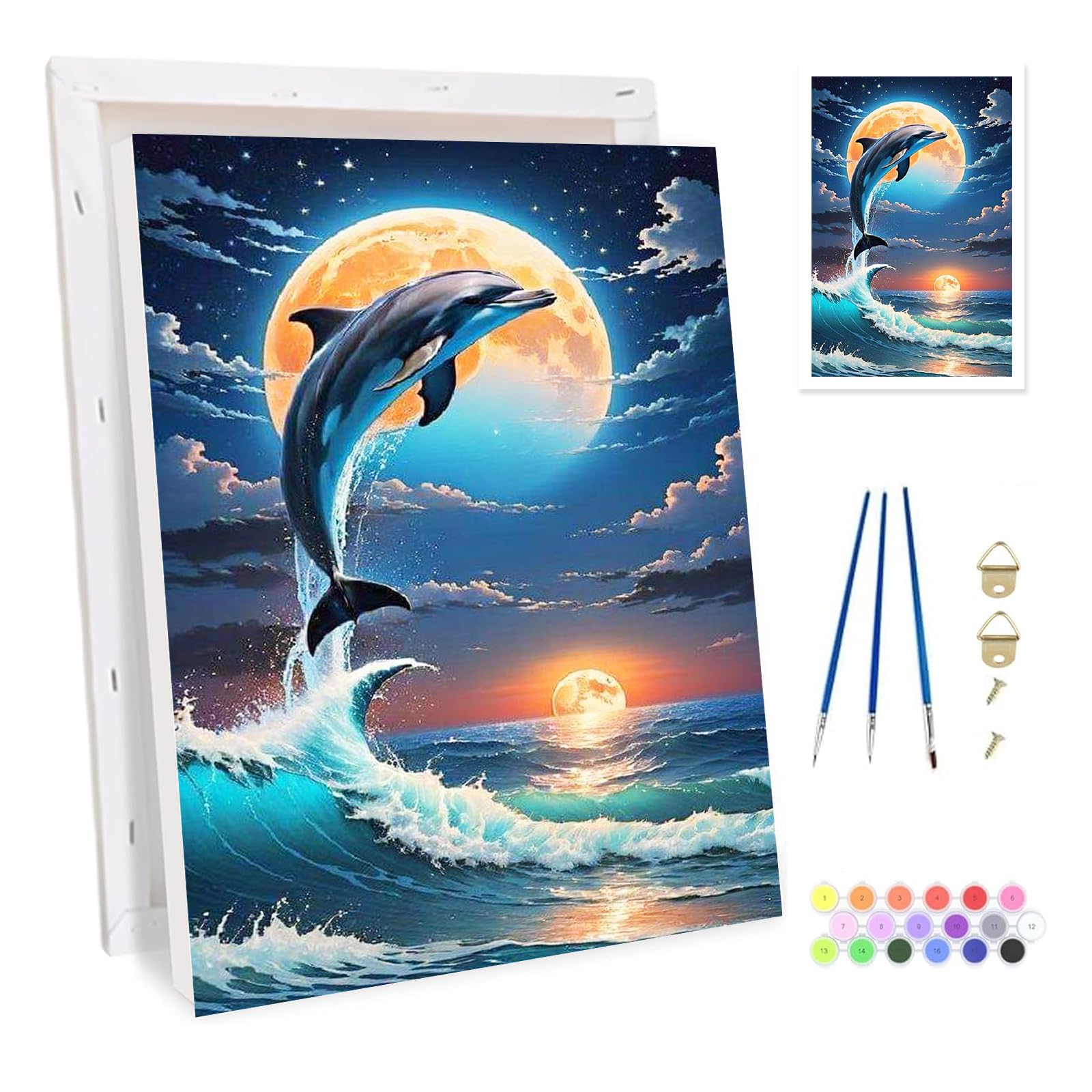 Bowetile Framed Dolphin Paint by Numbers for Adults, Sunset Painting by Numbers Kit for Adults Beginners Canvas Kit, DIY Color Oil Painting Acrylic Paints for Home Wall Decor 20x30cm