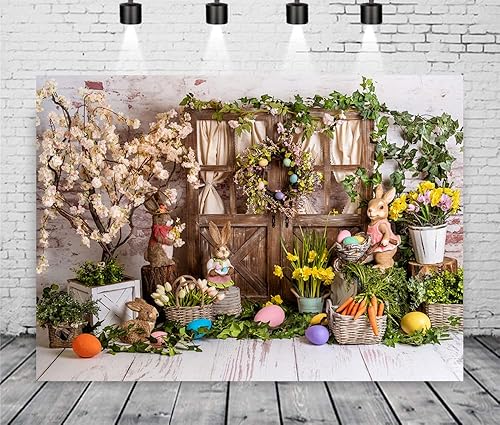 Vista 2 de LYCGS Telón de fondo de Pascua de primavera de 8 x 6 pies, fondo de fotografía de Pascua, conejo, color huevos, flores, telón de fondo de madera