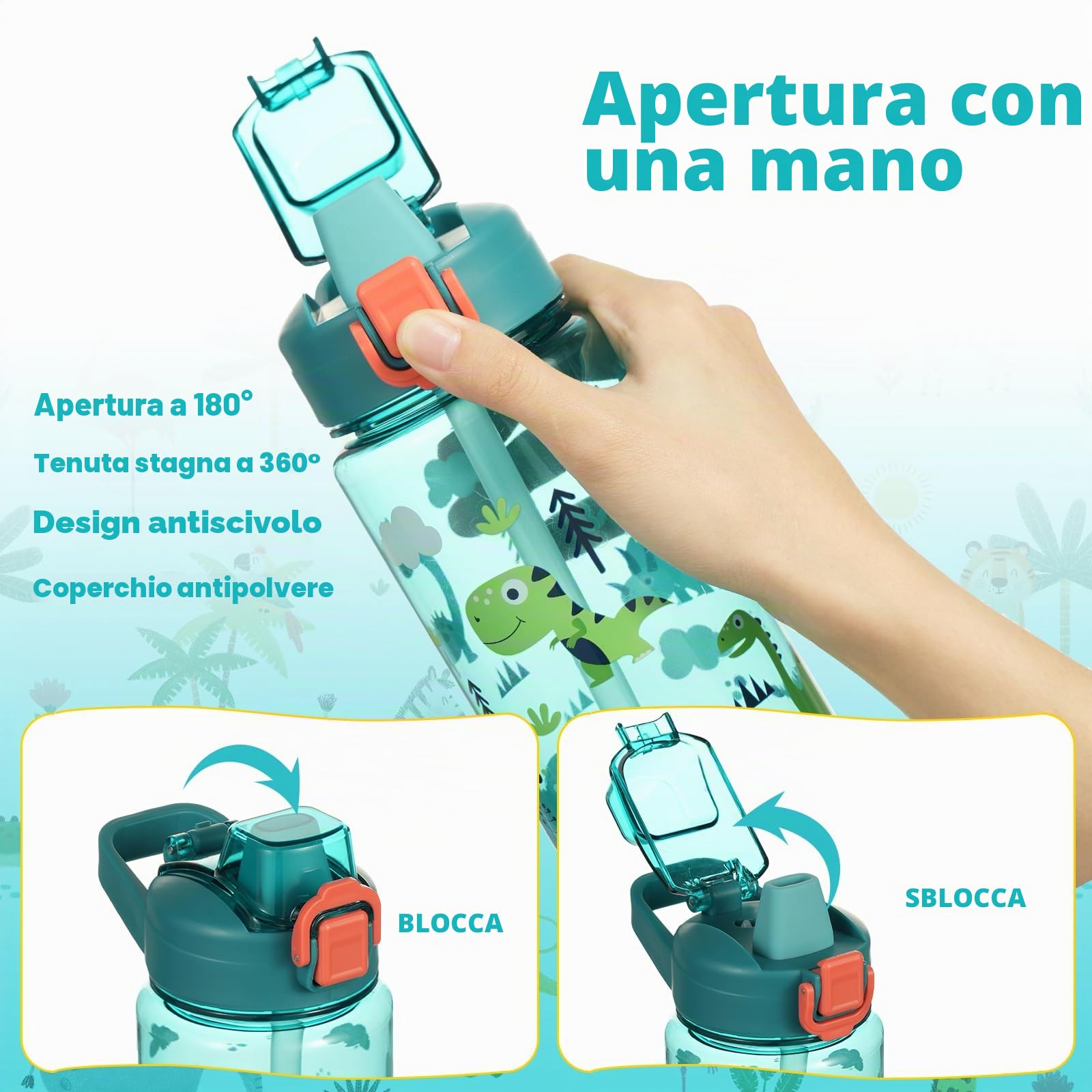 Flintronic Borraccia Bambini 600ML Senza BPA Bottiglia Acqua Cannuccia Prova Perdita Dinosauro