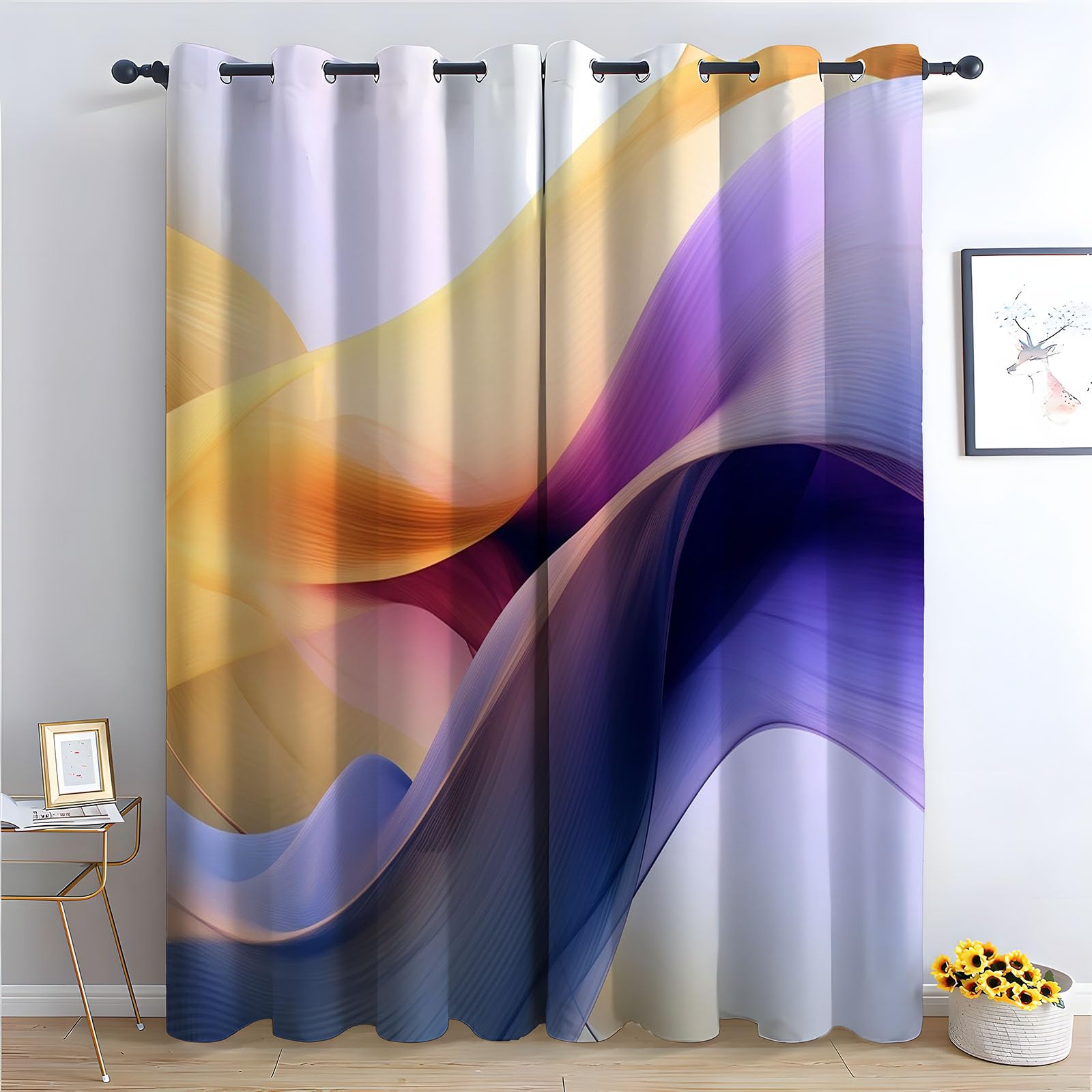WQBQKKX Abstract Line Curtains Eyelet Soft Thermal Insulated Modern Textured Farmhouse Curtains Leaf Printed Eyelet Rustic Drapes Window Treatment-52 W x 72" L (Pack of 2)