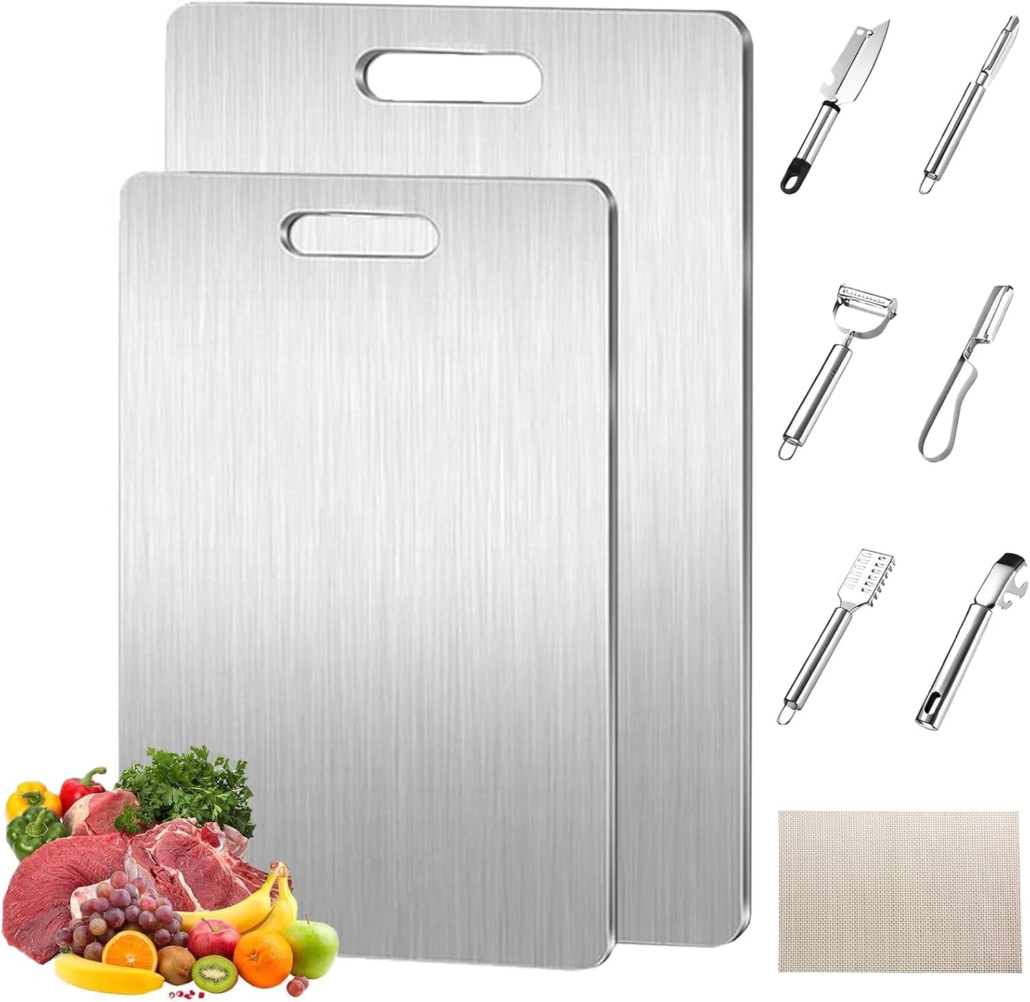 Titanium Cutting Board Set, 8-in-1 Double Sided Pure Titanium Cutting Board & Steel Knife, Fruits,Meat& Vegetable Peeler, Fish Scaler, with Anti-slip Mat,for Kitchen Cooking(18 x 12 in)