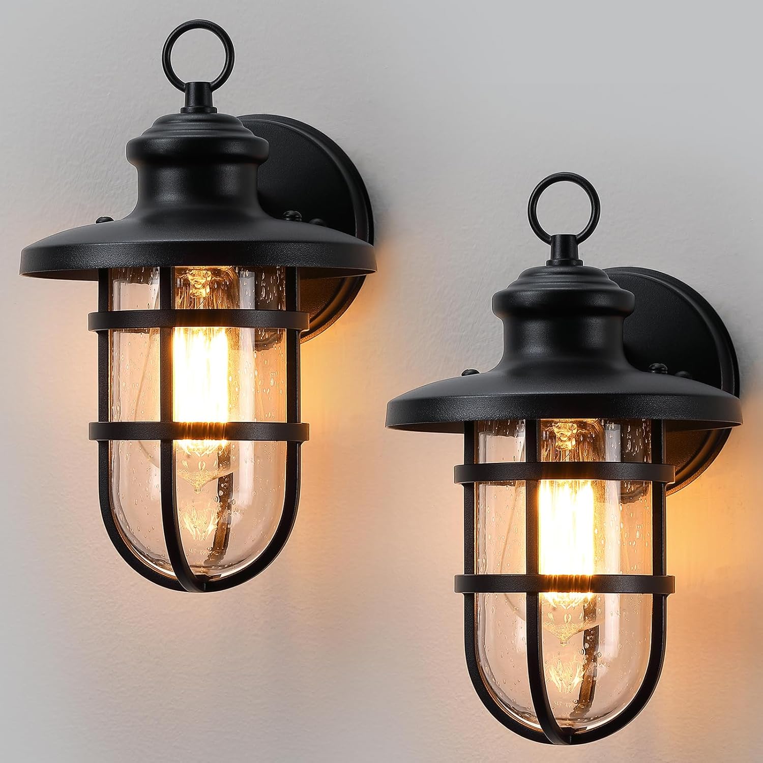 2 Pack Outdoor Wall Mount, Outside Wall Sconce Lighting Fixture with Seeded Glass, Sand Black Waterproof Exterior Light for Porch, Doorway,Hallway Garage, Yard,Patio