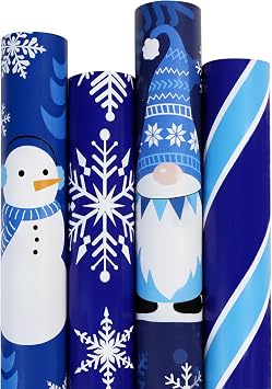 17 inch wide Blue & White Christmas Wrapping Paper - 4 Rolls Xmas Holiday Winter Wondland Gift Wrap Paper with Snowman,Gnomes,Christmas Tree,Snowflake,Blue Stripes [17 inch * 10 feet Per Roll ]