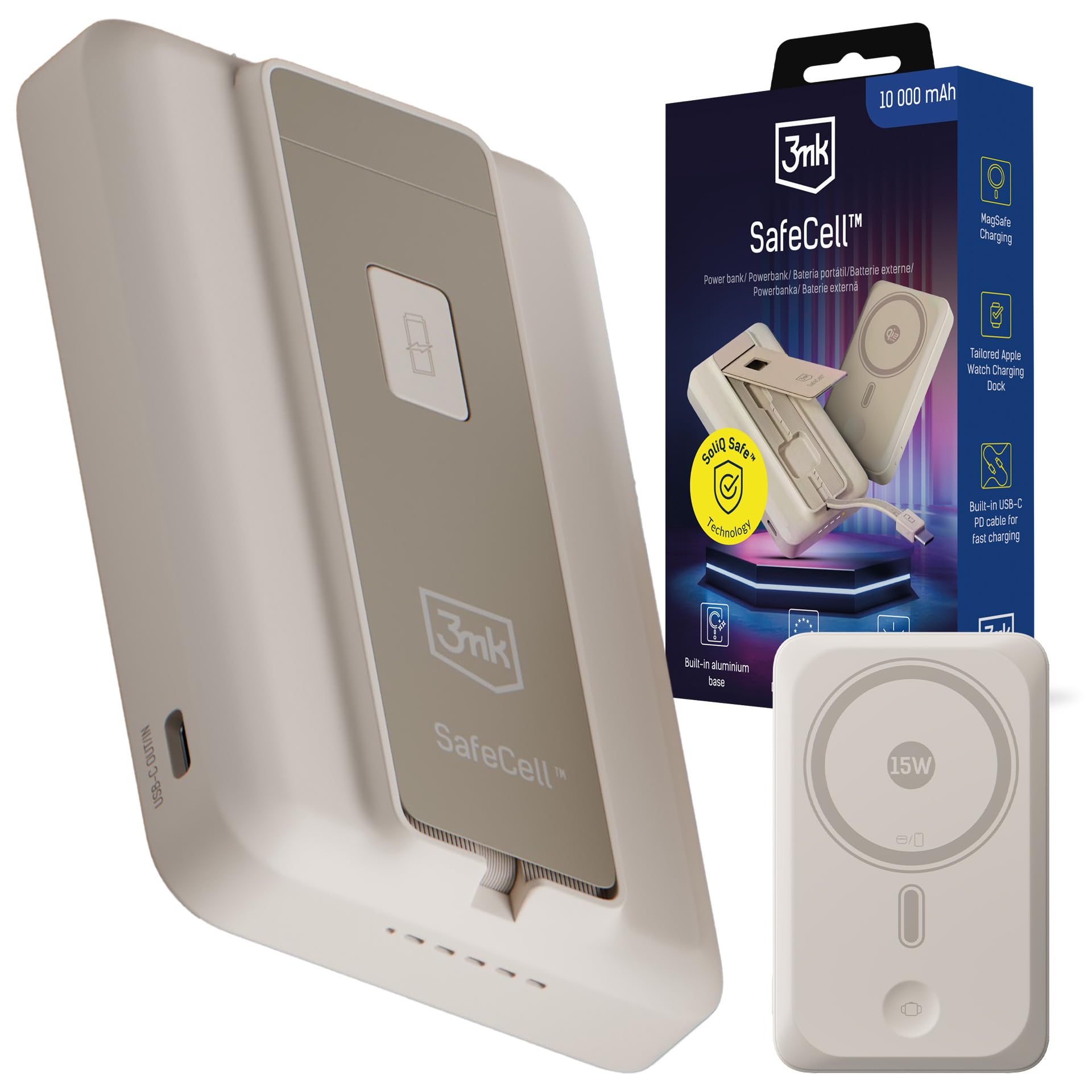3mk SafeCell Powerbank 10000mAh MagSafe USB-C PD Beżowy