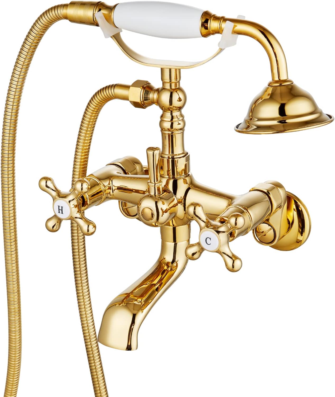 gotonovo Clawfoot Bathtub Faucet Tub Filler with Hand Held Shower Faucet Set Victorian Double Cross Handle 6 Inch Center Adjustable Swing Arms Tub Mount Short Adapter Polished Gold