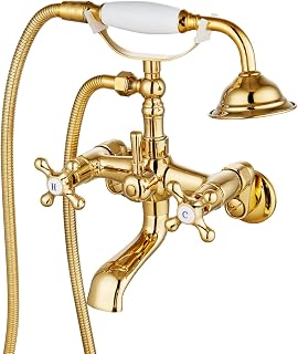 gotonovo Clawfoot Bathtub Faucet Tub Filler with Hand Held Shower Faucet Set Victorian Double Cross Handle 6 Inch Center Adjustable Swing Arms Tub Mount Short Adapter Polished Gold