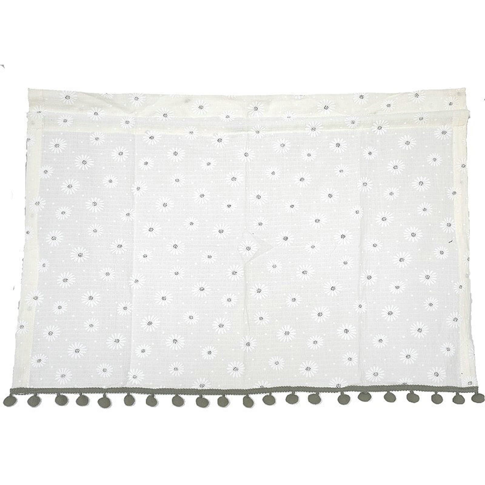 Zasłona kuchenna, nowoczesna, haftowana, wzór stokrotek, zasłona półprzezroczysta, z taśmą marszczącą, 130 x 120 cm x 1 szt., krótka firanka biało-szara do salonu