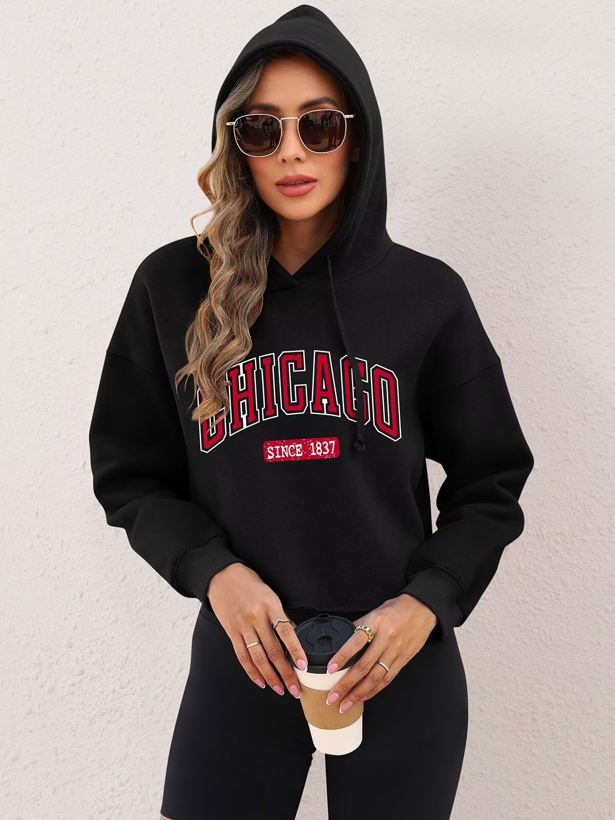 ORANDESIGNE Sudadera corta con capucha para mujer, manga larga, forro polar, informal, para entrenamiento, holgada