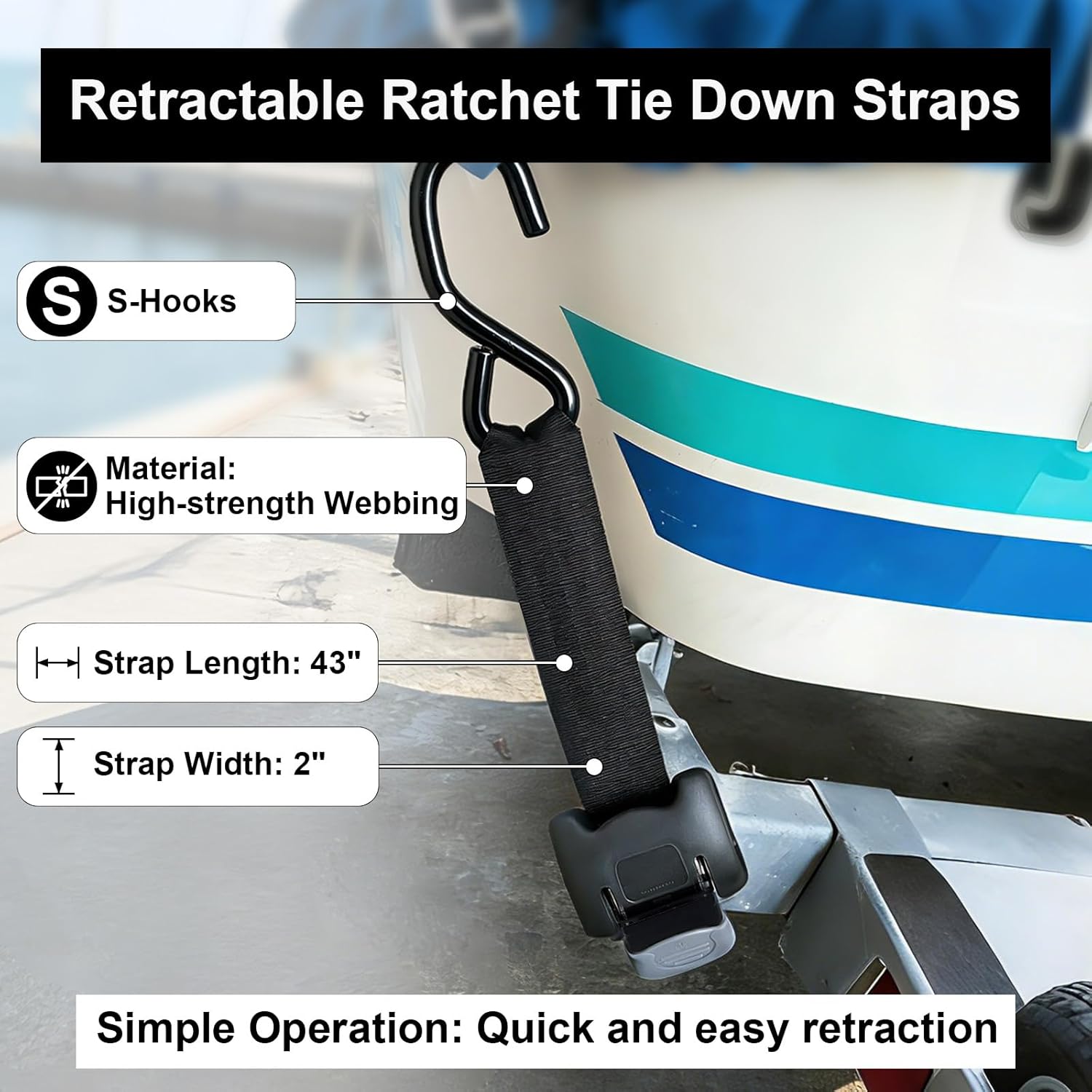 Bolt-On Boat Transom Tie Down Straps to Trailer Heavy Duty Retractable Ratchet Straps, 2x43-Inch, 2500lbs Break Strength for Water, 2Pack