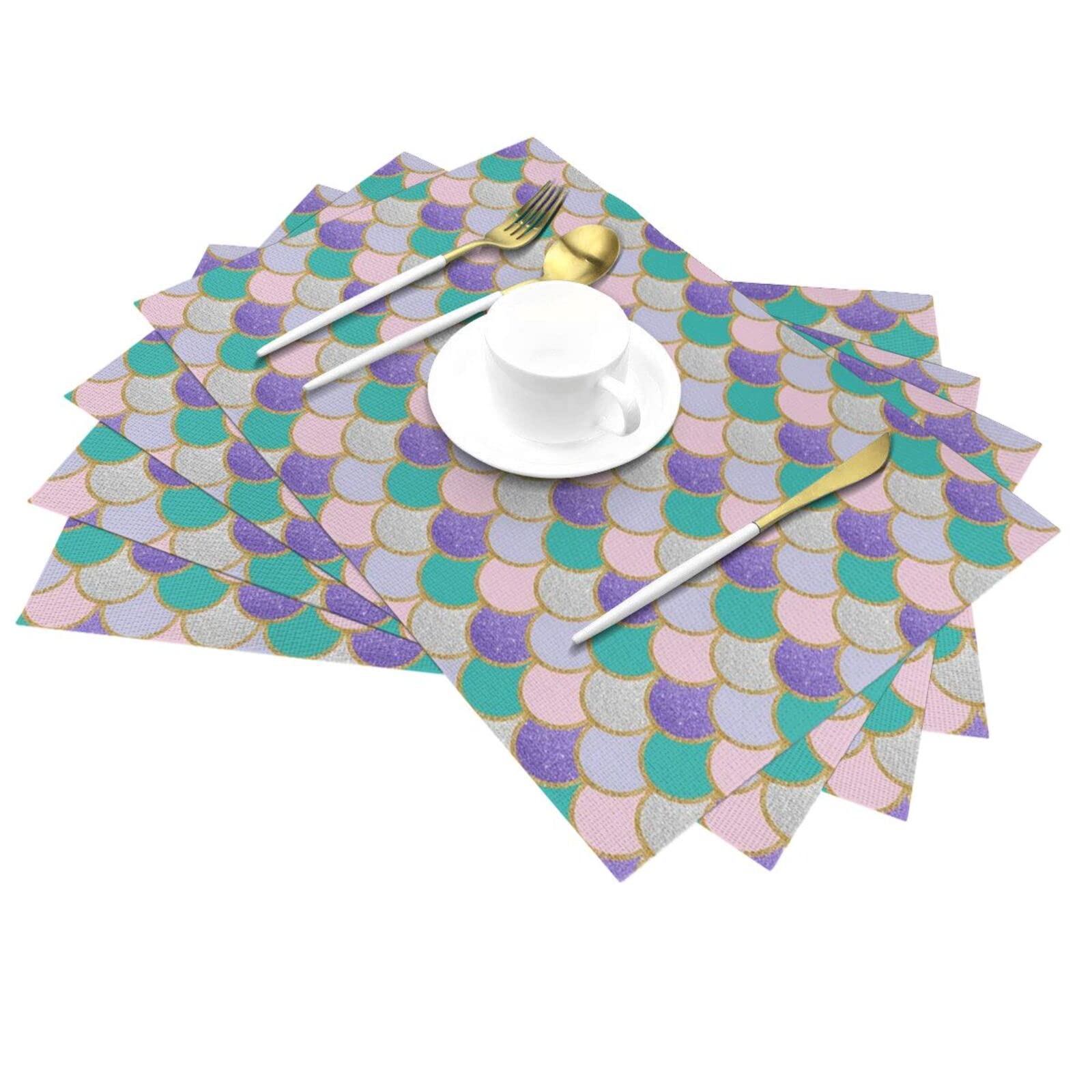 Tovaglietta a forma di sirena con stampa a squame da 40 cm x 30 cm resistente al calore antiscivolo in PVC per cucina, sala da pranzo e tavolo accessori decorativi