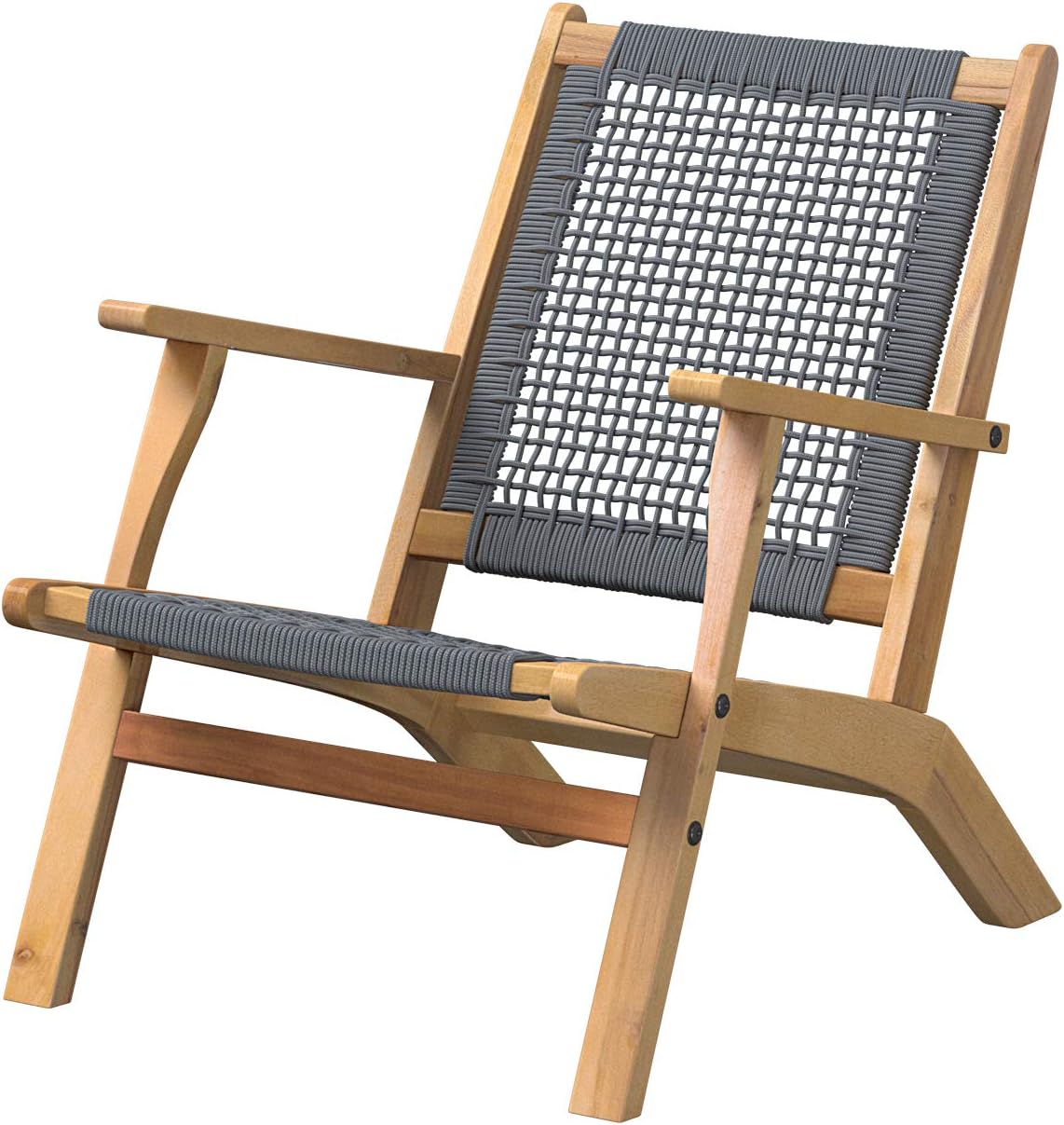 Patio Sense 63635 Vega Natural Stain Outdoor Chair Acacia Wood Construction Woven Web Seat Mid Century Design Comfortable Reclining Armchair Patio Lawn Garden Backyard Deck - Gray Cording