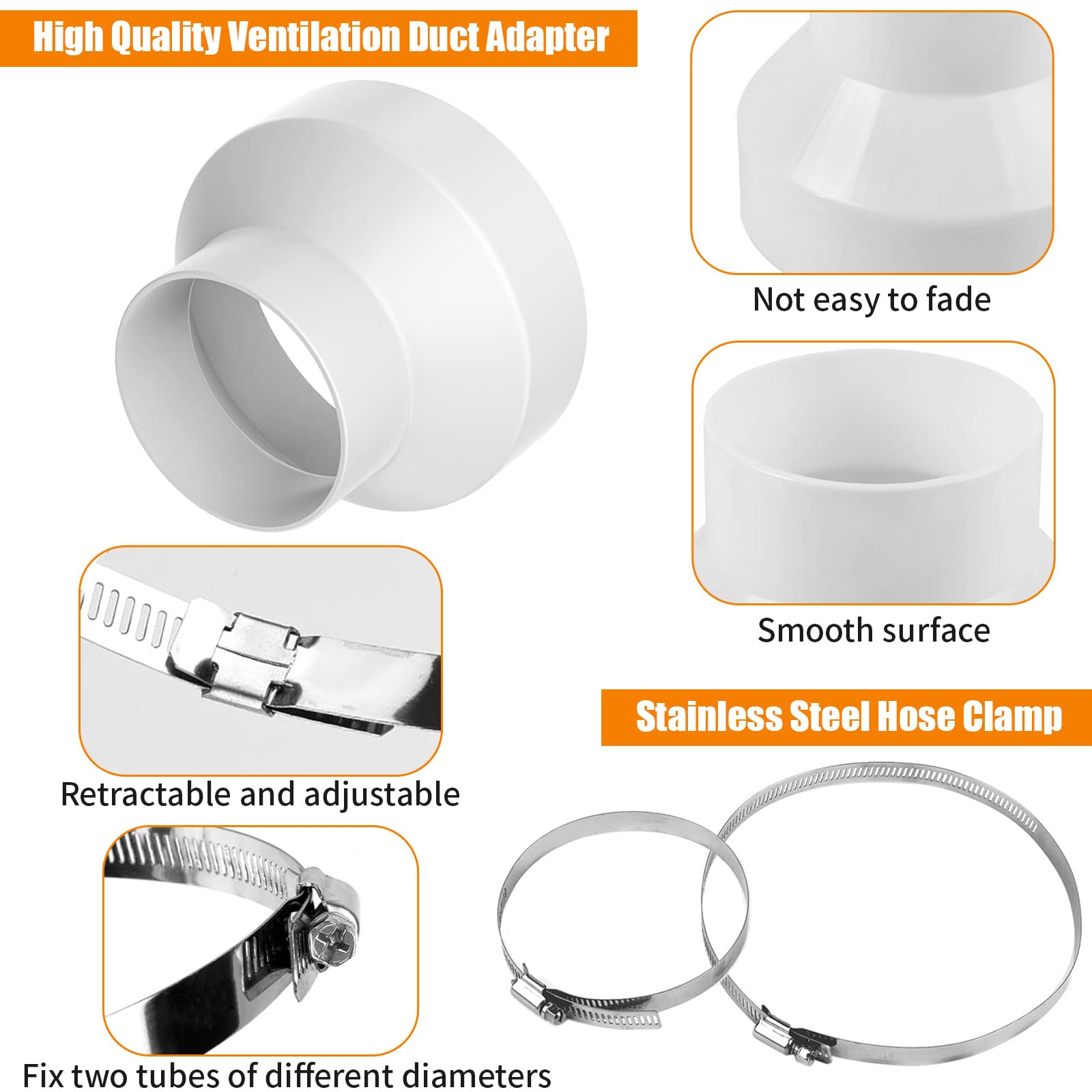 150mm-100mm/6-4 in Round Ducting Reducer with 2 Stainless Hose Clips, Circular Air Duct Reducing Adapter - Image 4
