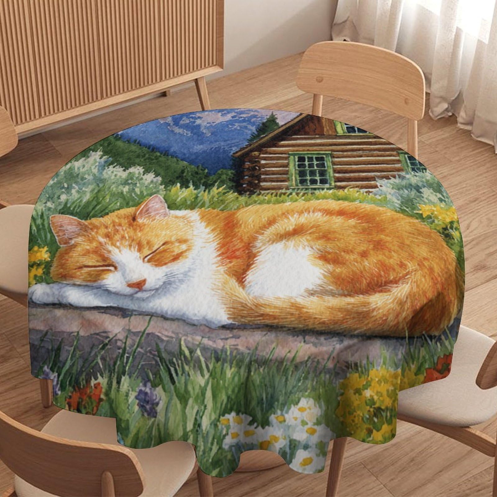 LUYYSKY Classic Realistic Cute Kitten Round Tablecloth Modern Watercolor Spring Barn Plants Floral Animals Kitten Washable Decor for Table Cover for Kitchen-91.4" Wx91.4 L cm