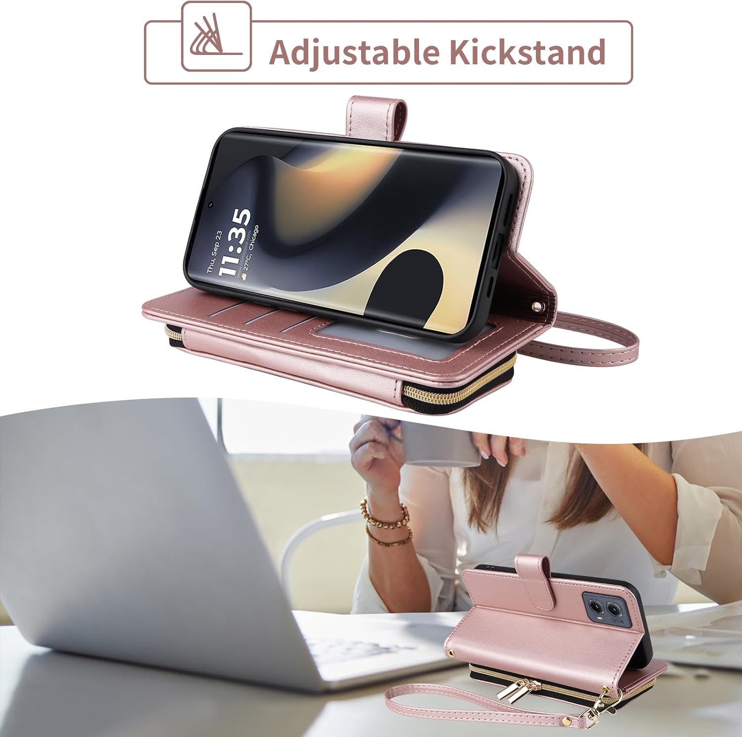 Argyle Wallet Case for Motorola Edge 5G 2024 with Wrist Strap Shoulder Strap, Card Slots Zipper Purse Luxury PU Leather Stand Checkered Cell Phone Cover for Moto Edge2024 Women Girls Rose Gold