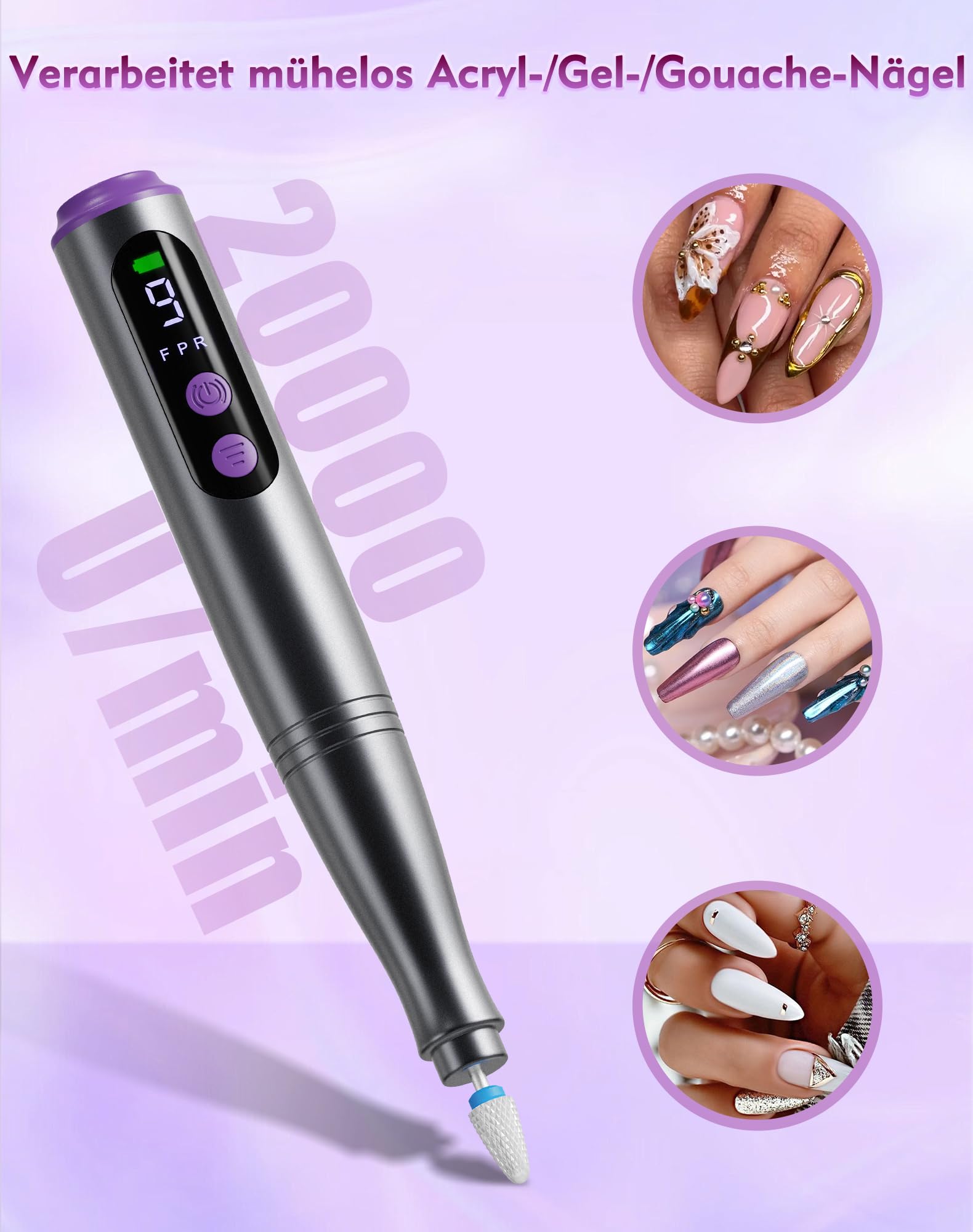 Nagelfräser Set Elektrisch mit LCD Display, Elektrische Nagelfeile Kabellos USB-C Wiederaufladbar, 9 Geschwindigkeiten bis 20000 U/min, Nagelschleifer für Gelnägel, Acrylnägel, Maniküre, Pediküre