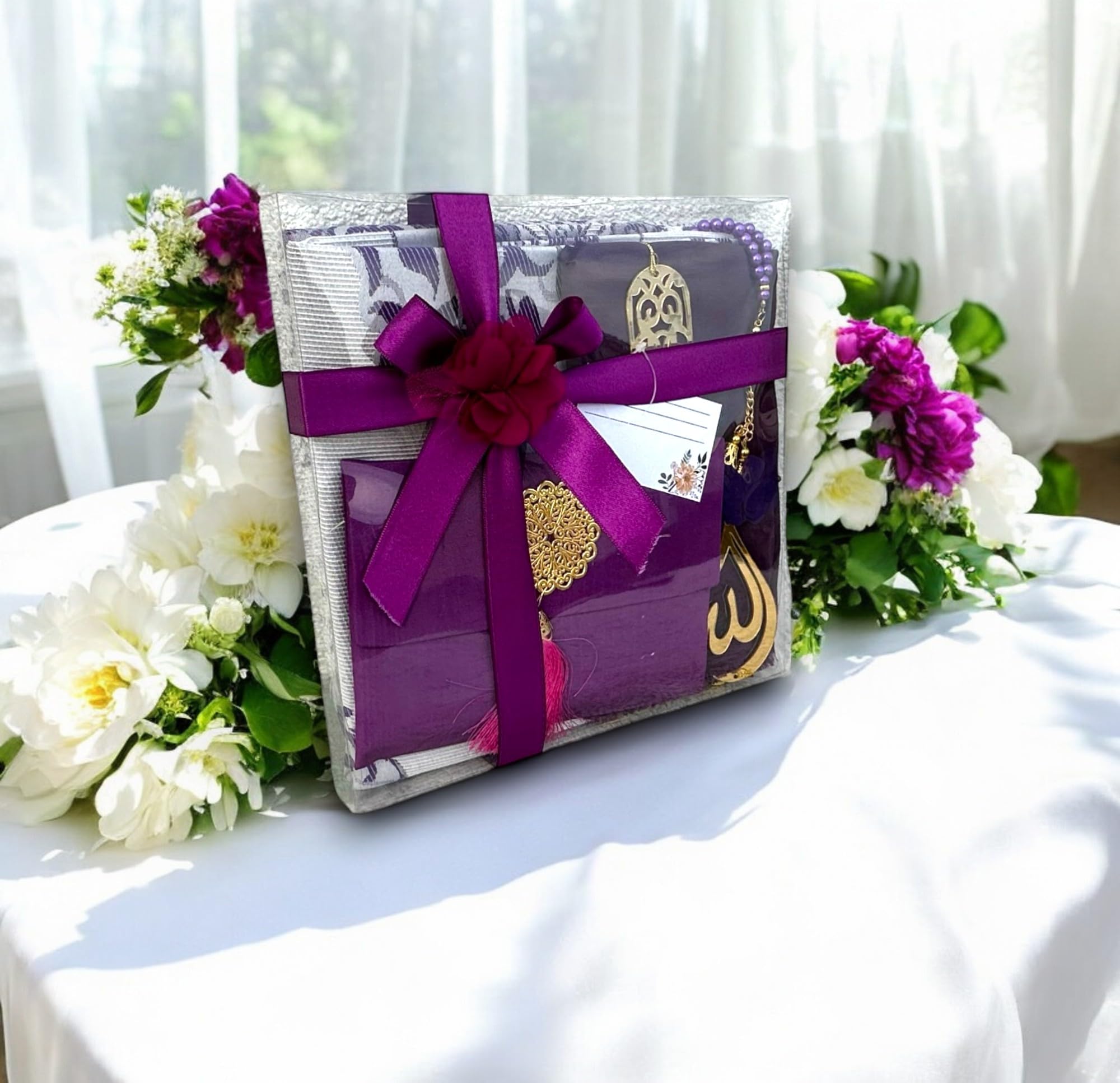 Muslim Prayer Rug, 7 in One Gift Set, Prayer Mat Surah Book, Tasbeeh, Scarf, Surah Case, Bookmark, Car Mirror Hanger, Prayer Beads,Islamic Gift for Umrah, Hajj, Wedding, Janamaz (Purple)