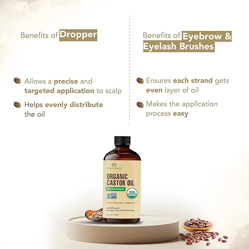 Miniatura 7 de Botanic Hearth Aceite de ricino  100% puro y natural, prensado en frío, orgánico  2 onzas líquidas  Para cabello, pestañas y cejas  Sin hexano,