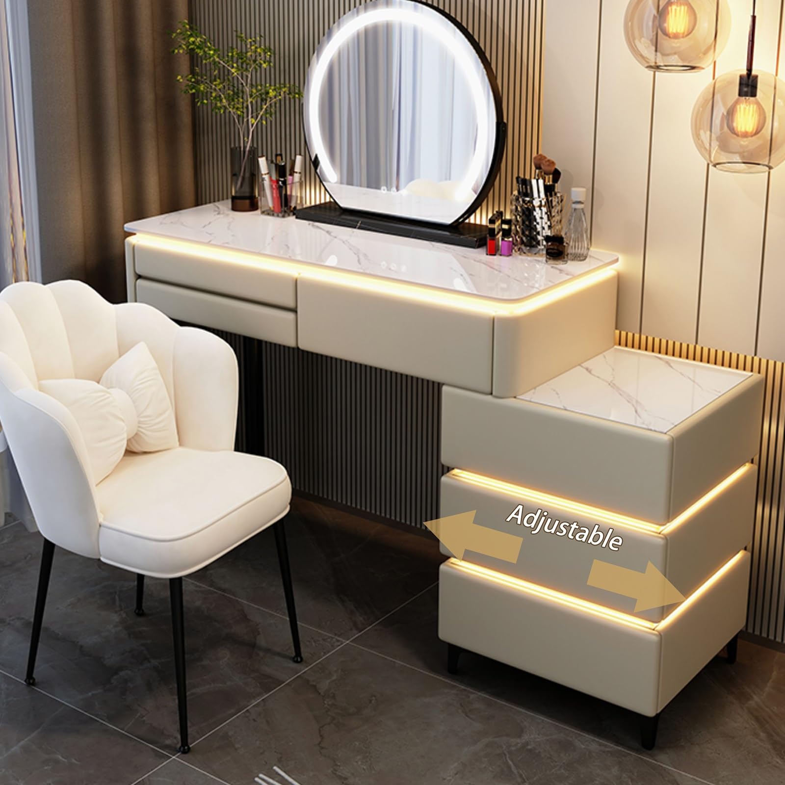 Toeletta Da Trucco Con Specchio LED Regolabile - Vanity Con Sedia In Velluto, 80/100x40x76 Cm, Per Camera - Foto 2