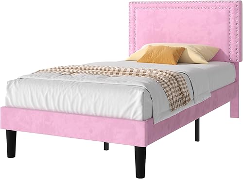 Miniatura 190 de VECELO Base de cama de tamaño matrimonial con cabecera tapizada ajustable, plataforma de listones de madera, diseño sin ruido, fácil montaje Negro