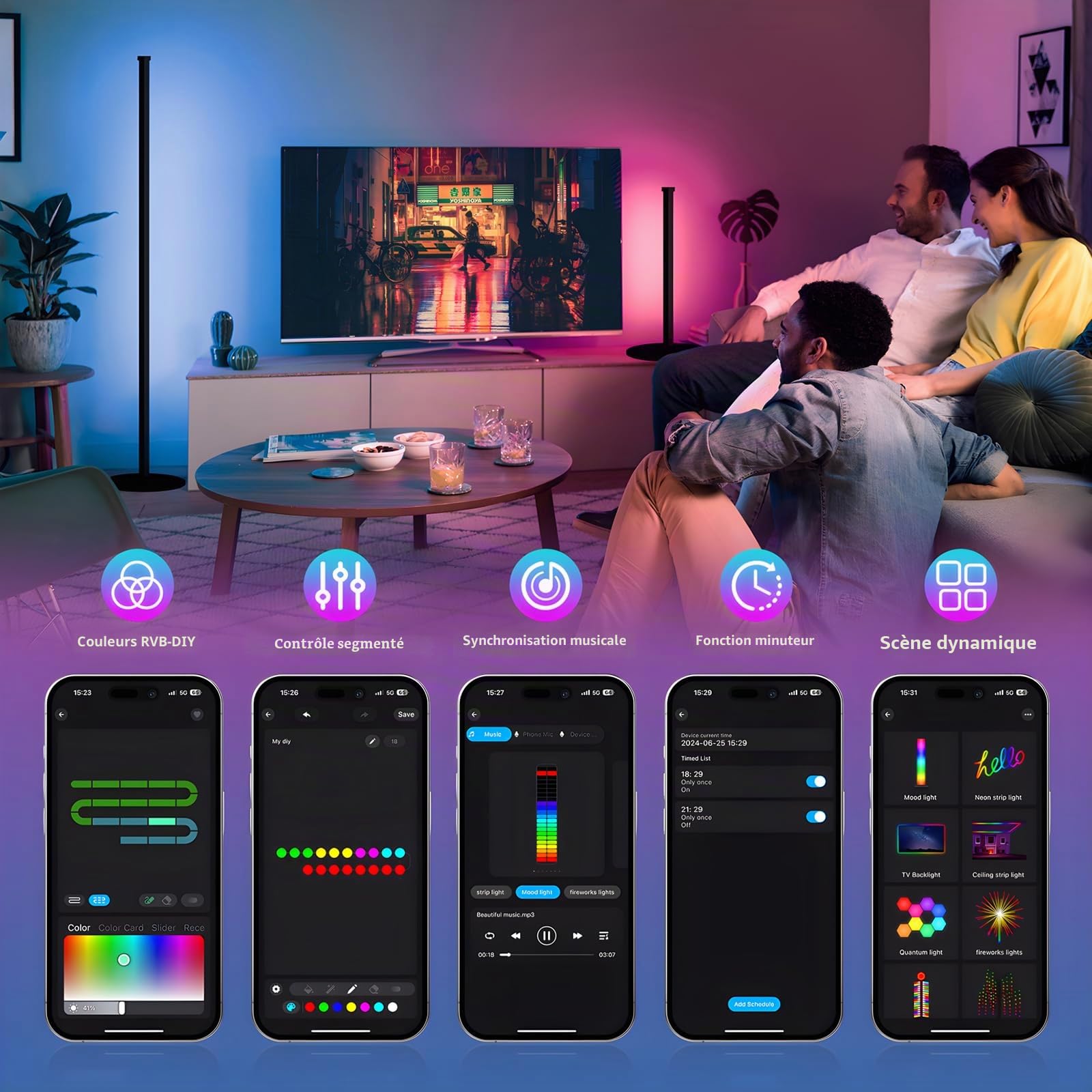 Lot de 2 Lampadaire LED d'Angle, 140cm Lampe sur Pied RGB avec APP et Télécommande,16 Millions Couleurs, Musique Sync et Temporisation, Lampe d'Ambiance Moderne pour Salon, Chambre et Décoration Fête
