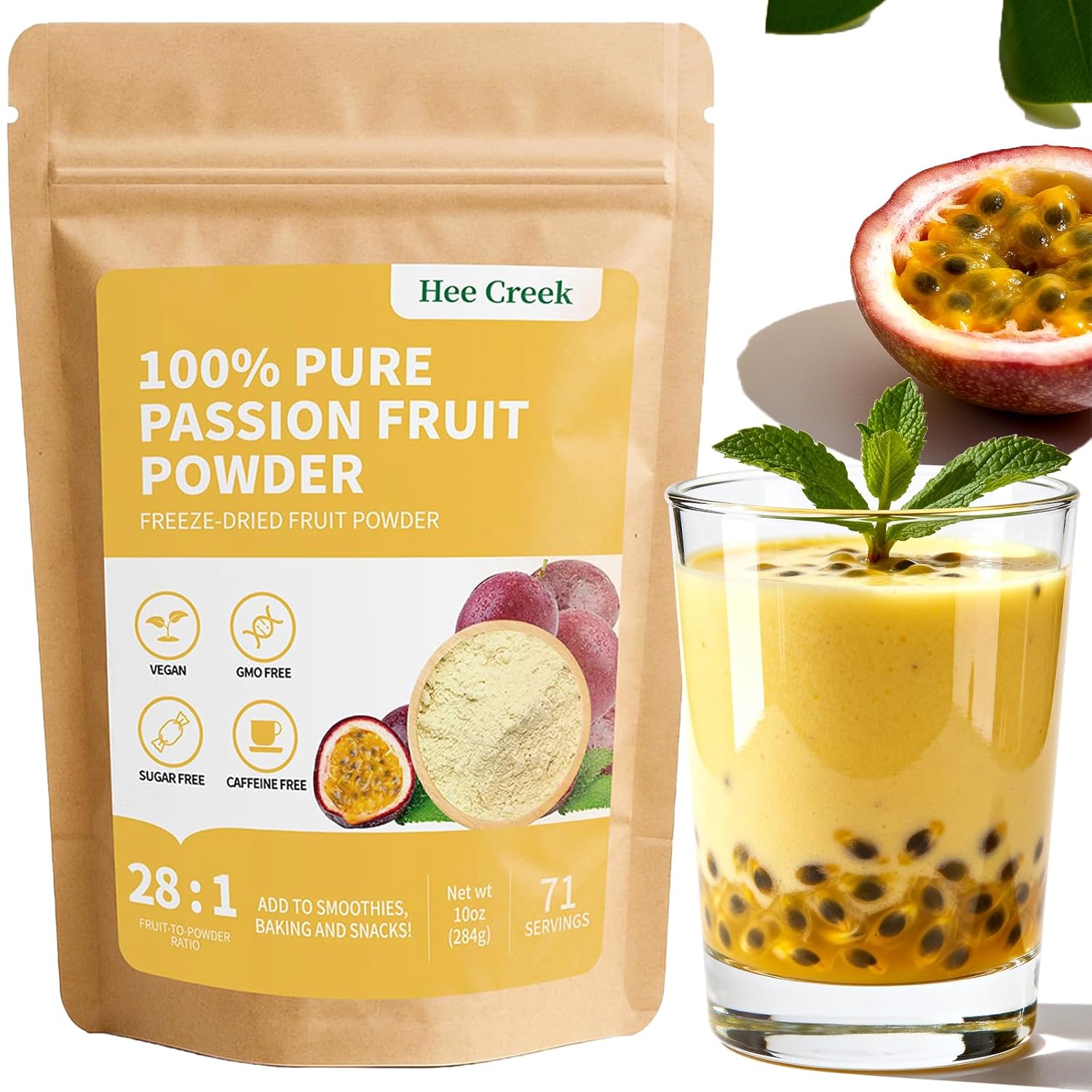 Hee Creek 100% Pure Passion Fruit Powder 10oz/ 283g Freeze Dried Passionfruit Ultra-Fine Fruit Powder for Smoothies & Baking & Beverages & Food Coloring, No Added Sugar & Additives