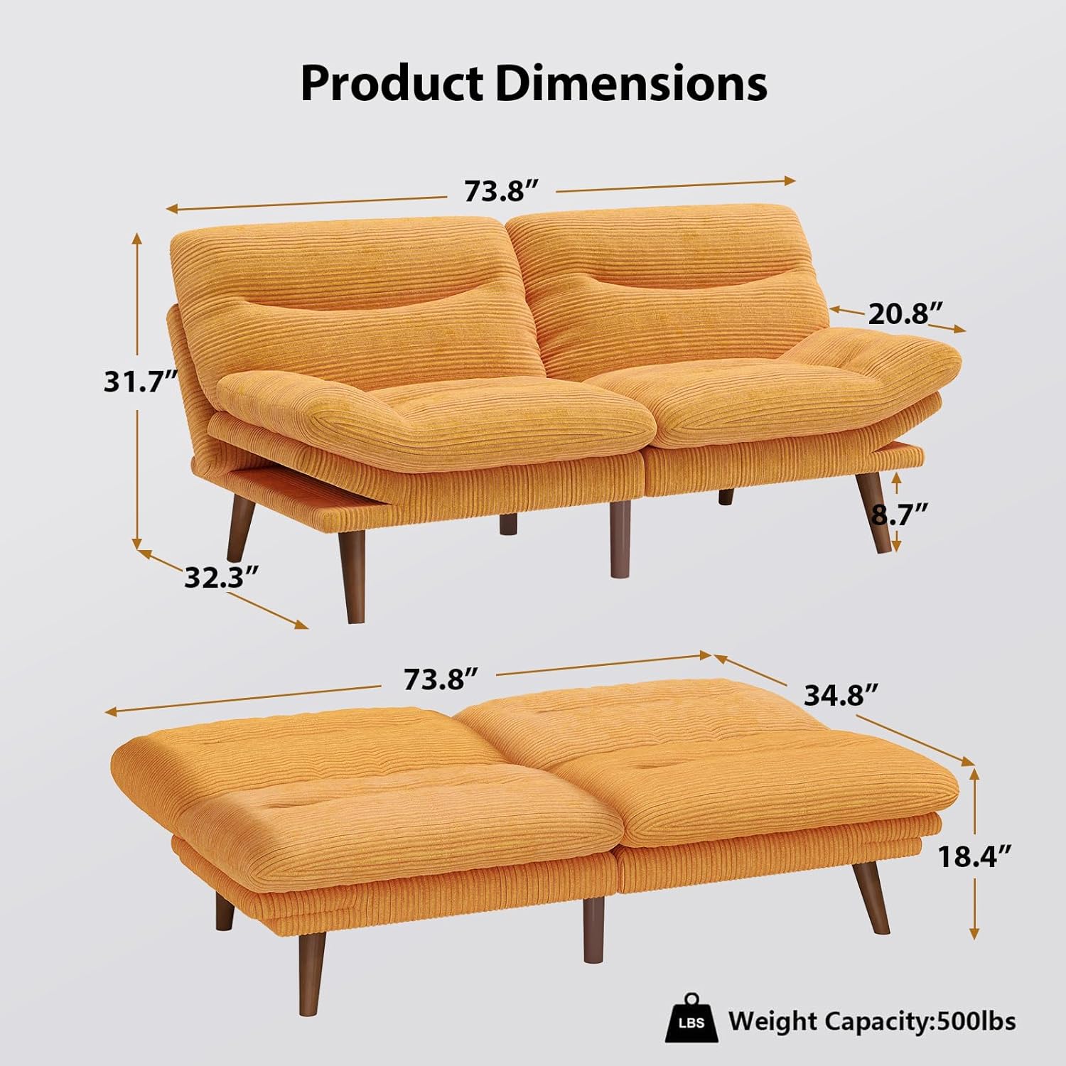 Pipishell Futon Sofa Bed, Modern 66" Futon Couch Convertible to Bed & Lounger, Compact Size, Corduroy Loveseat, Durable Construction - Fits Small Spaces, Apartments,Study Room (Yellow, 66 Inch) | Adjustable
