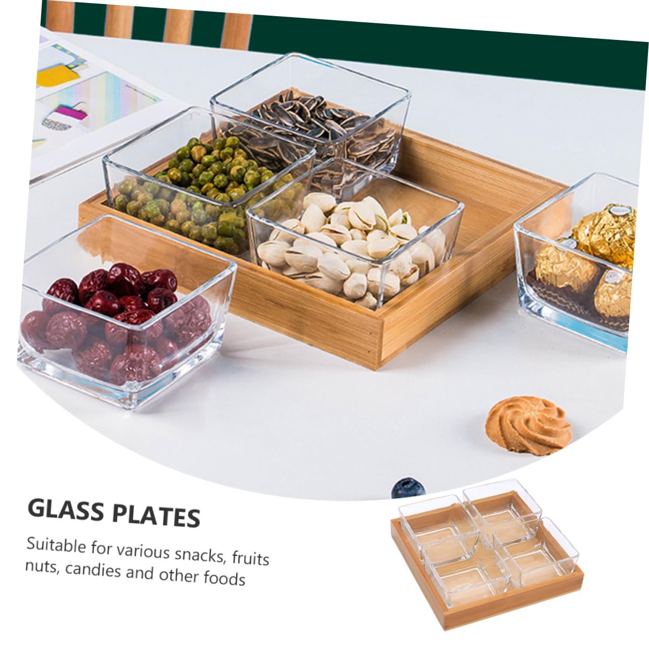 VALICLUD Plateaux de Service en Verre Compartimentés 4 Divisions, Bois et Verre, Multifonctionnels, pour Fruits Secs et Noix, Usage Apéritif et Fête, sans Couvercle