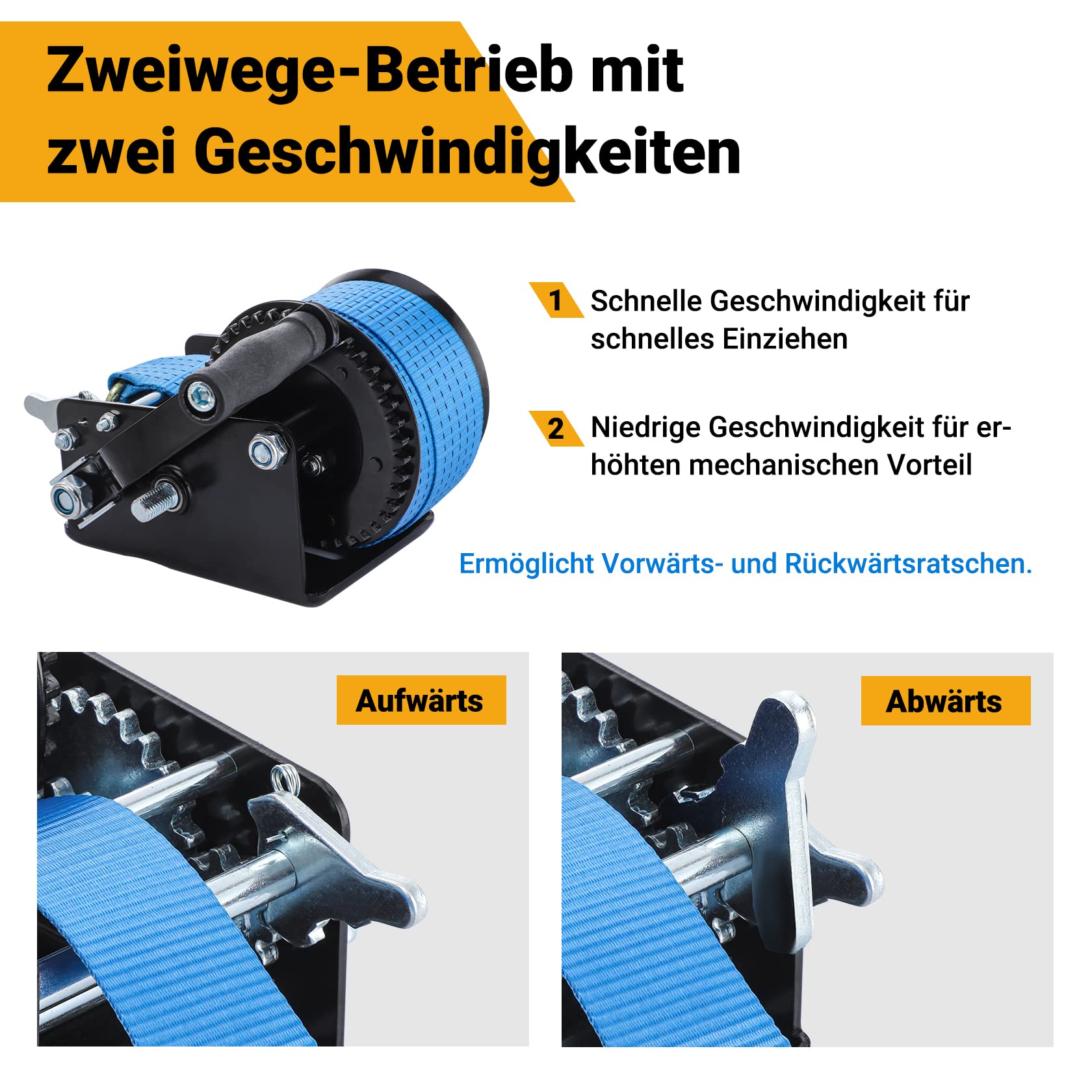 Pindex Hand Gurtwinde Bootstrailer mit 10m Polyester Gurtband, 1365kg, | Manuelle Bootswinde mit Handkurbel, 2 Gang 4:1 8:1, für Trailer, Anhänger Boot, Geländewagen