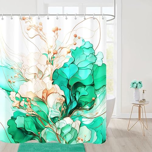 Miniatura 12 de Cortina de ducha con flores grises para baño, juego de cortina de ducha de mármol gris claro y blanco con ganchos, decoración floral abstracta para