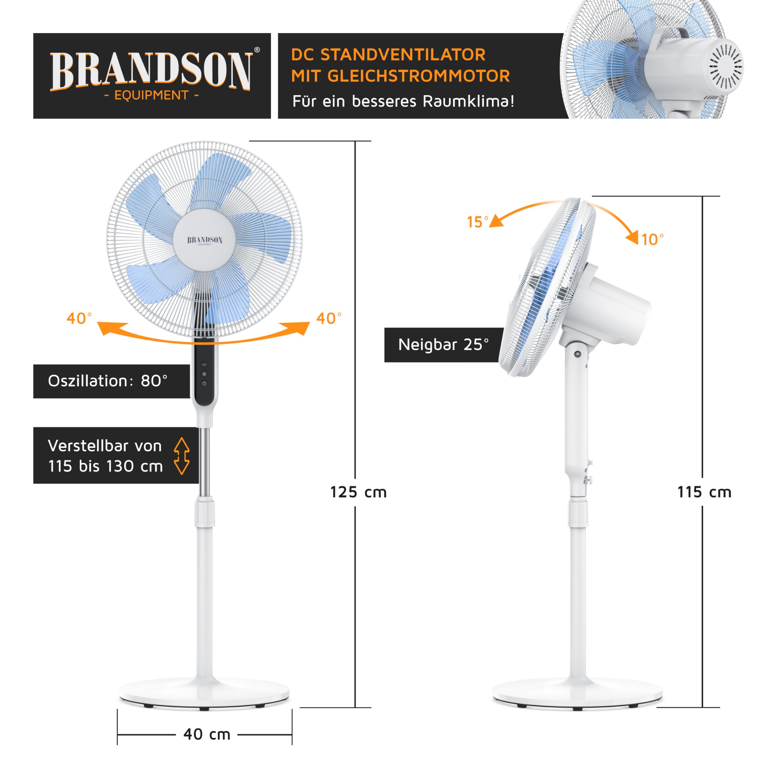 Brandson - DC Standventilator energiesparend ECO - Fernbedienung - Brushless Silent Motor, sehr leise – Preisträger 2026 - Oszillation - Ventilator Timer – 12 Stufen - LED Display